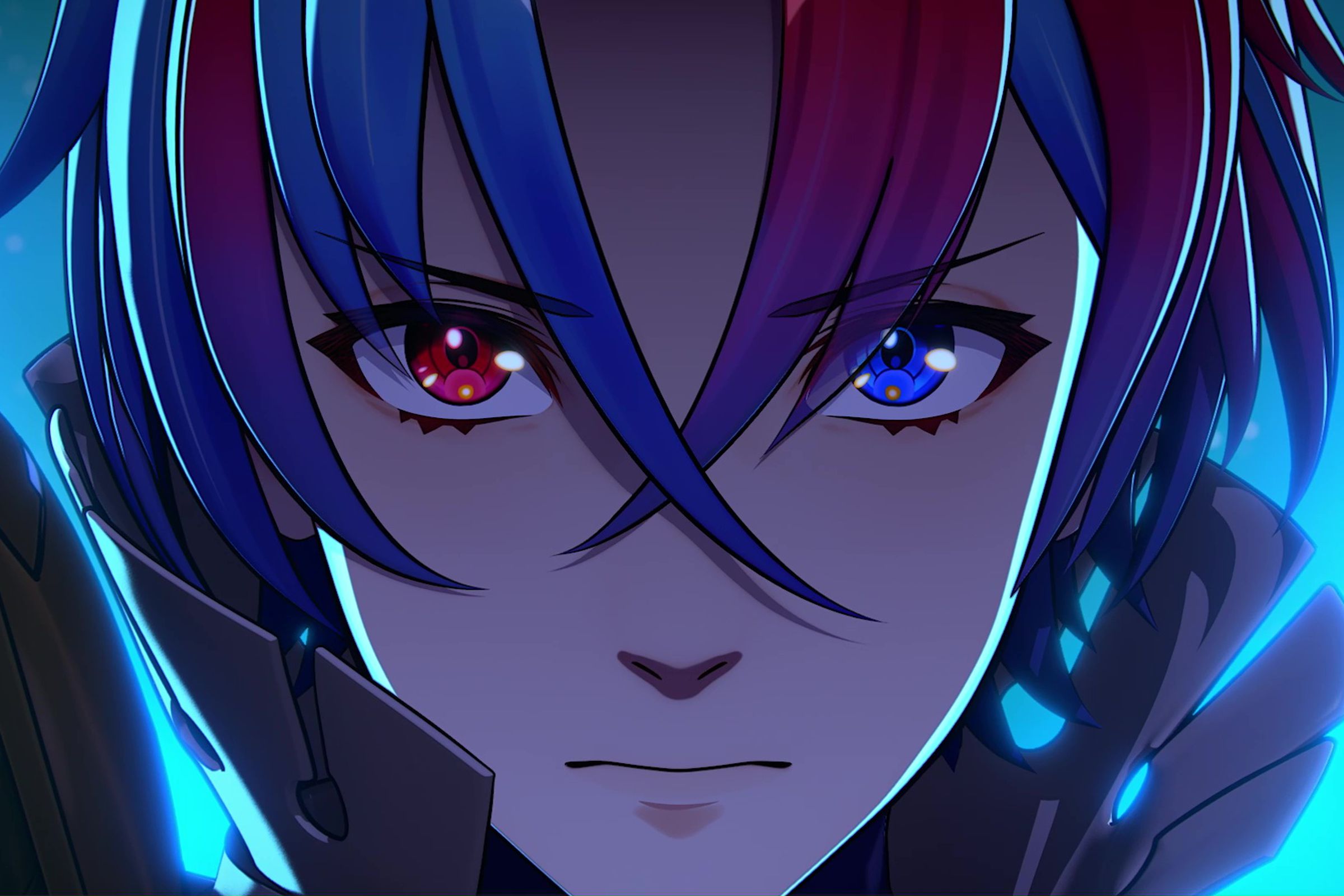 Screenshot from Fire Emblem Engage’s story trailer featuring a close-up of the protagonist, Alear, who has red- and blue-colored eyes and hair.