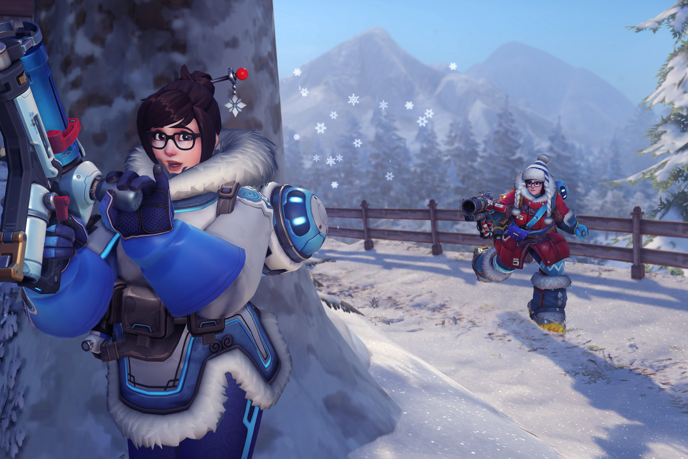 Screenshot from Mei’s Snowball Challenge featuring one Mei sneaking up behind another Mei to attack.