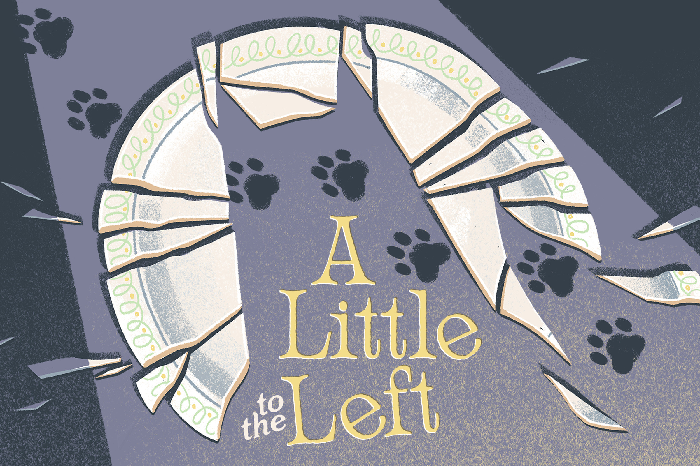 Key art from A Little to the Left featuring a broken plate and cat paw prints and the silhouette of a cat over the words “A Little to the Left” 