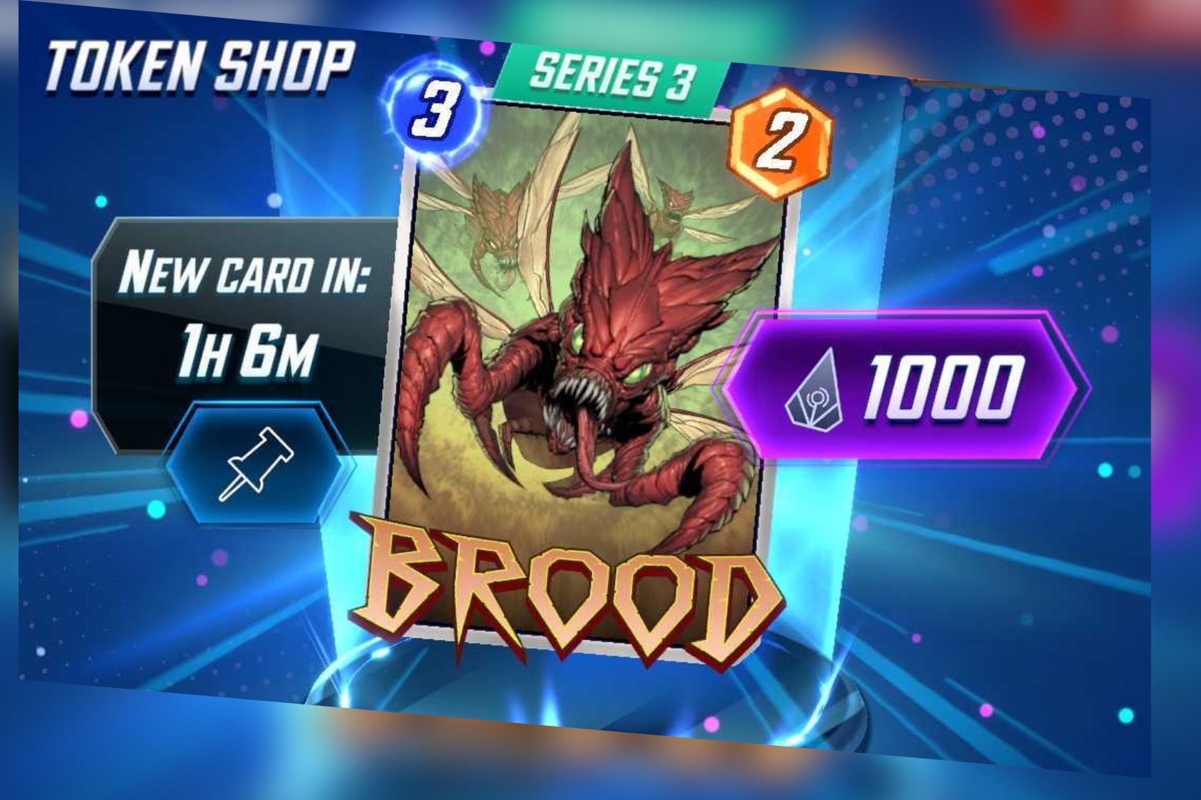 Screenshot from Marvel Snap featuring the new Token Shop displaying the Brood card for sale for 1,000 tokens with a notification the sale will expire in one hour and six minutes.