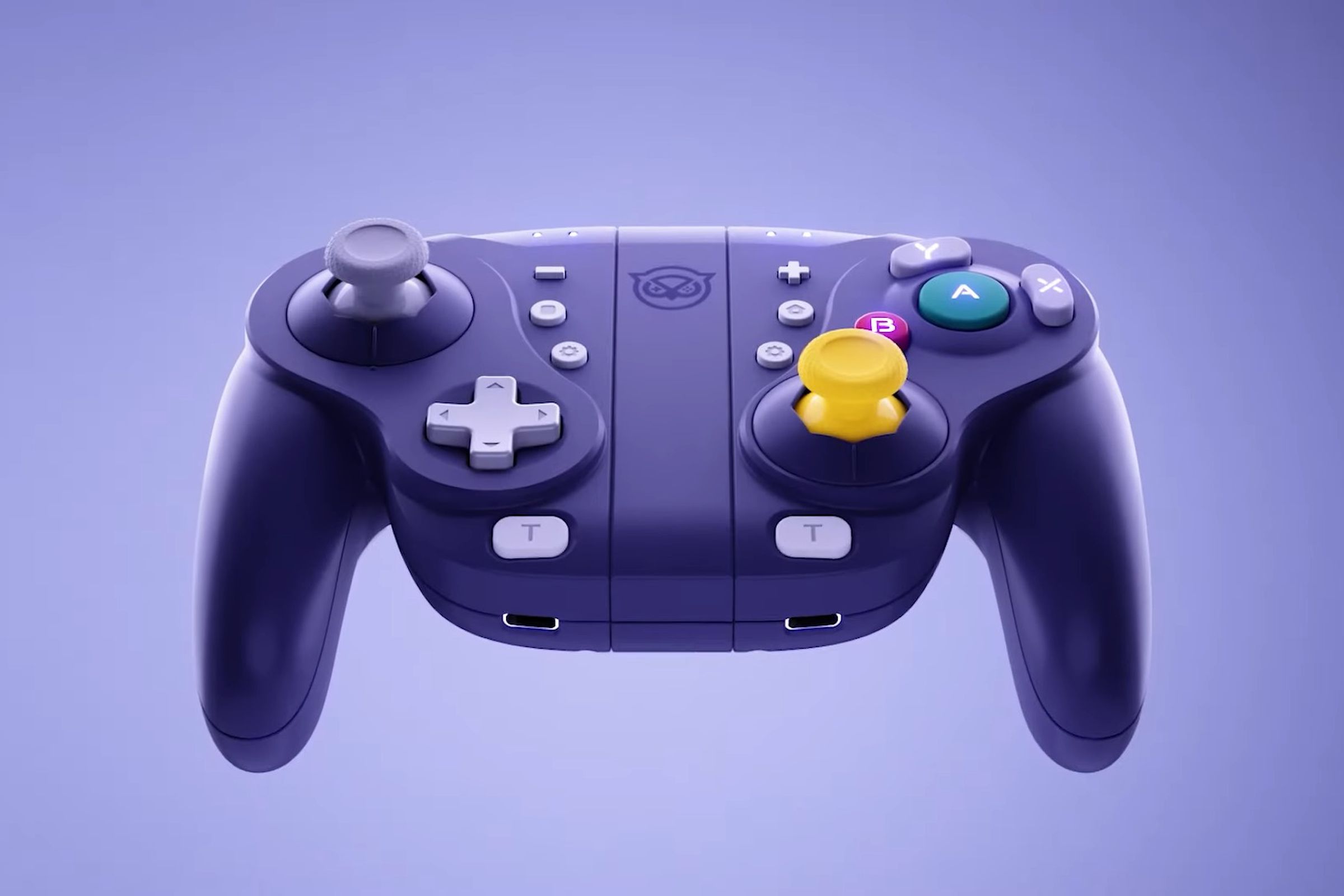 An image of the NYXI Wizard Wireless Joy-pad, a purple Switch controller in a GameCube configuration.