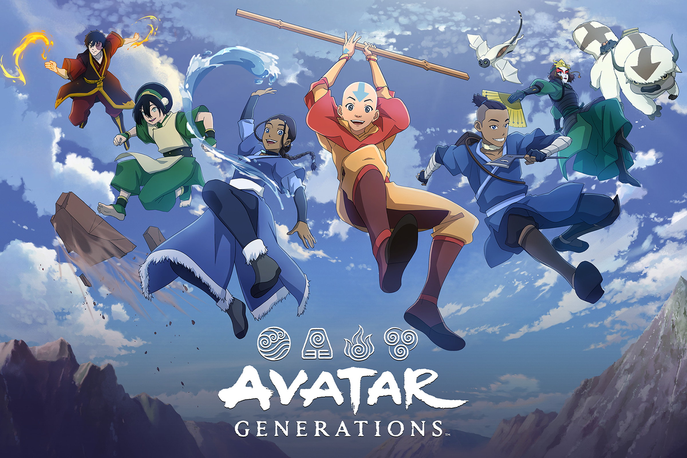 Key art of Avatar Generations featuring Zuko, Toph, Katara, Aang, Sokka, Suki, and Appa flying in the air.