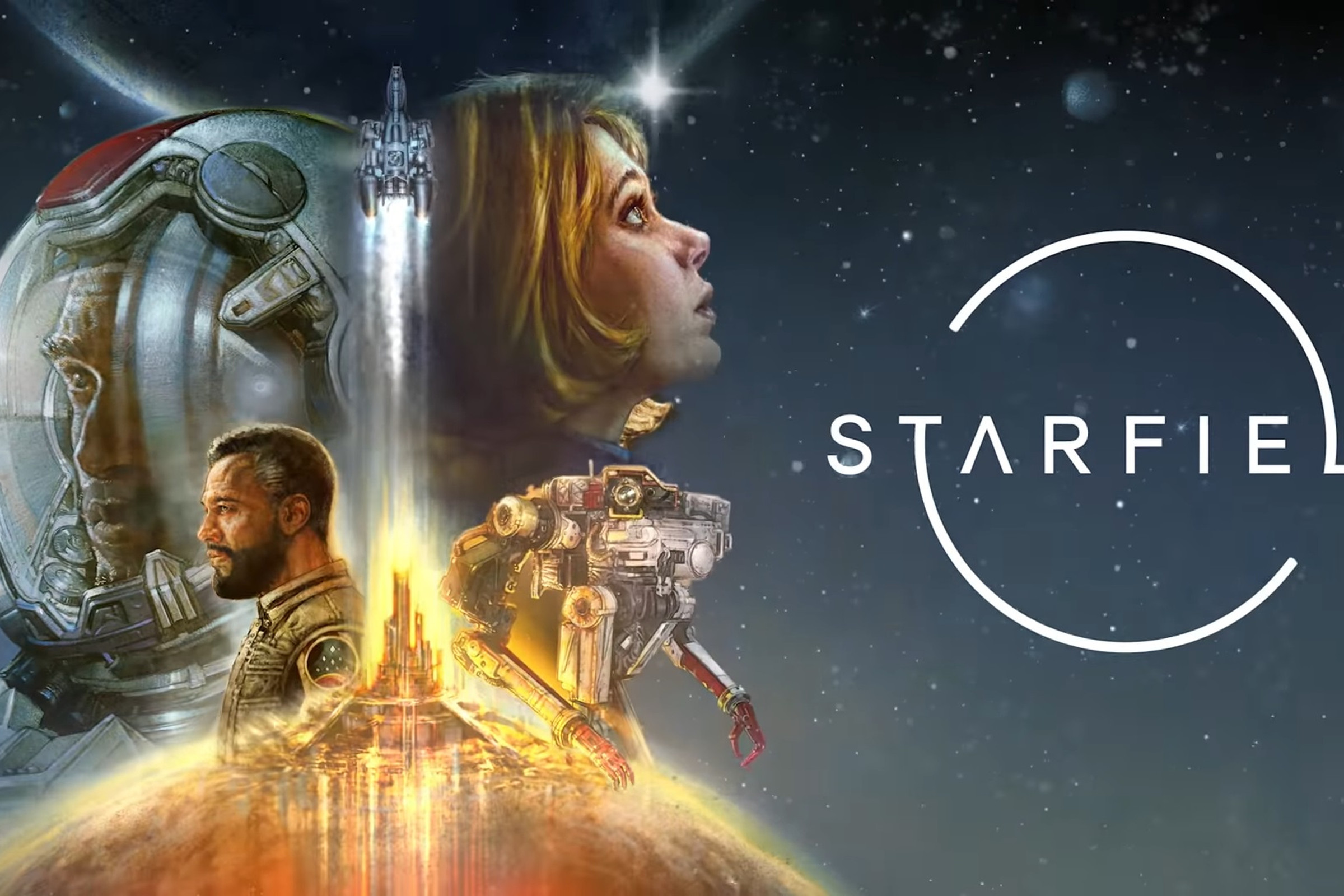 Key art from Starfield featuring the game’s logo and an assortment of faces looking up and rockets and spaceships