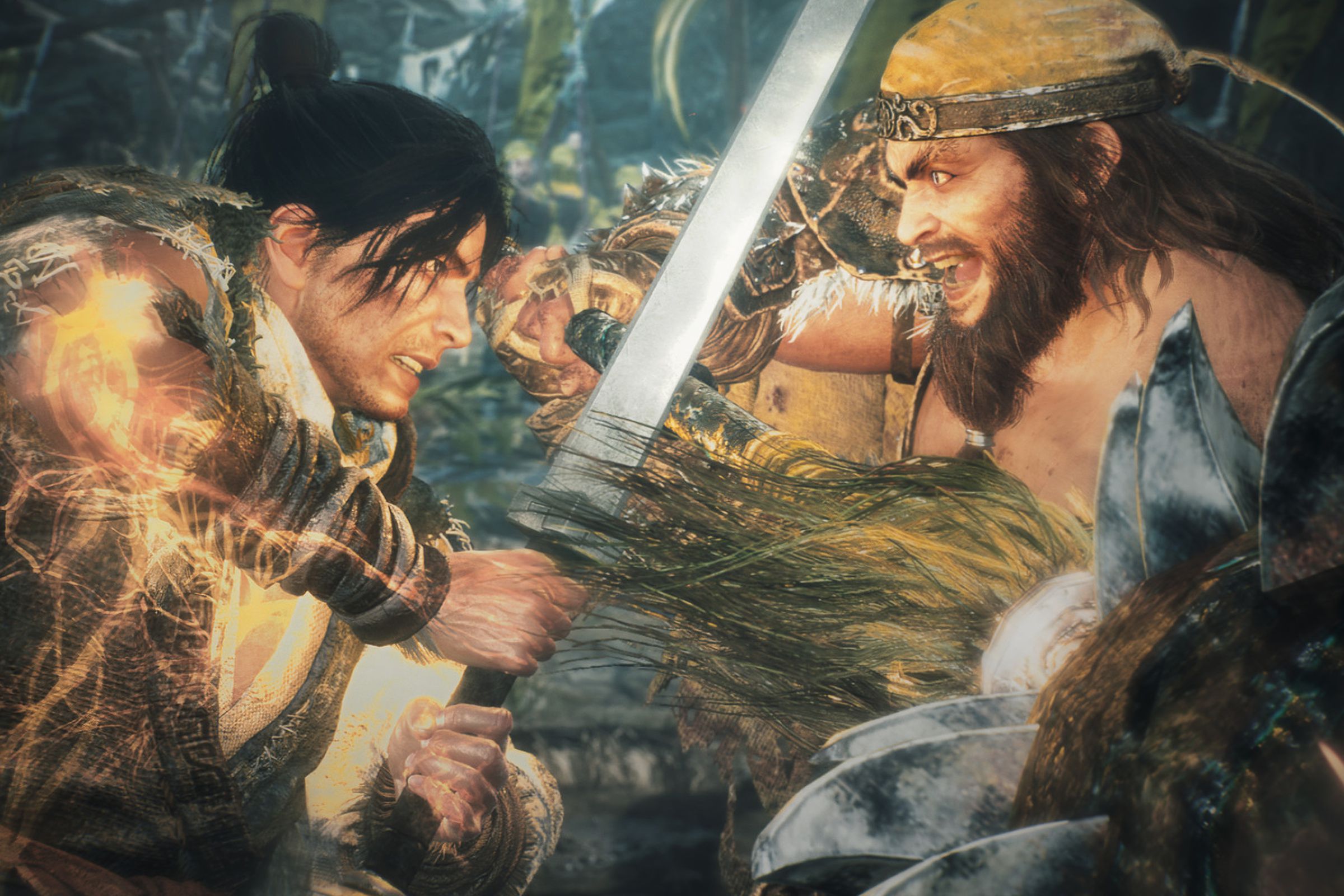 Screenshot from Wo Long: Fallen Dynasty featuring the player character clashing weapons with Zhang Liang
