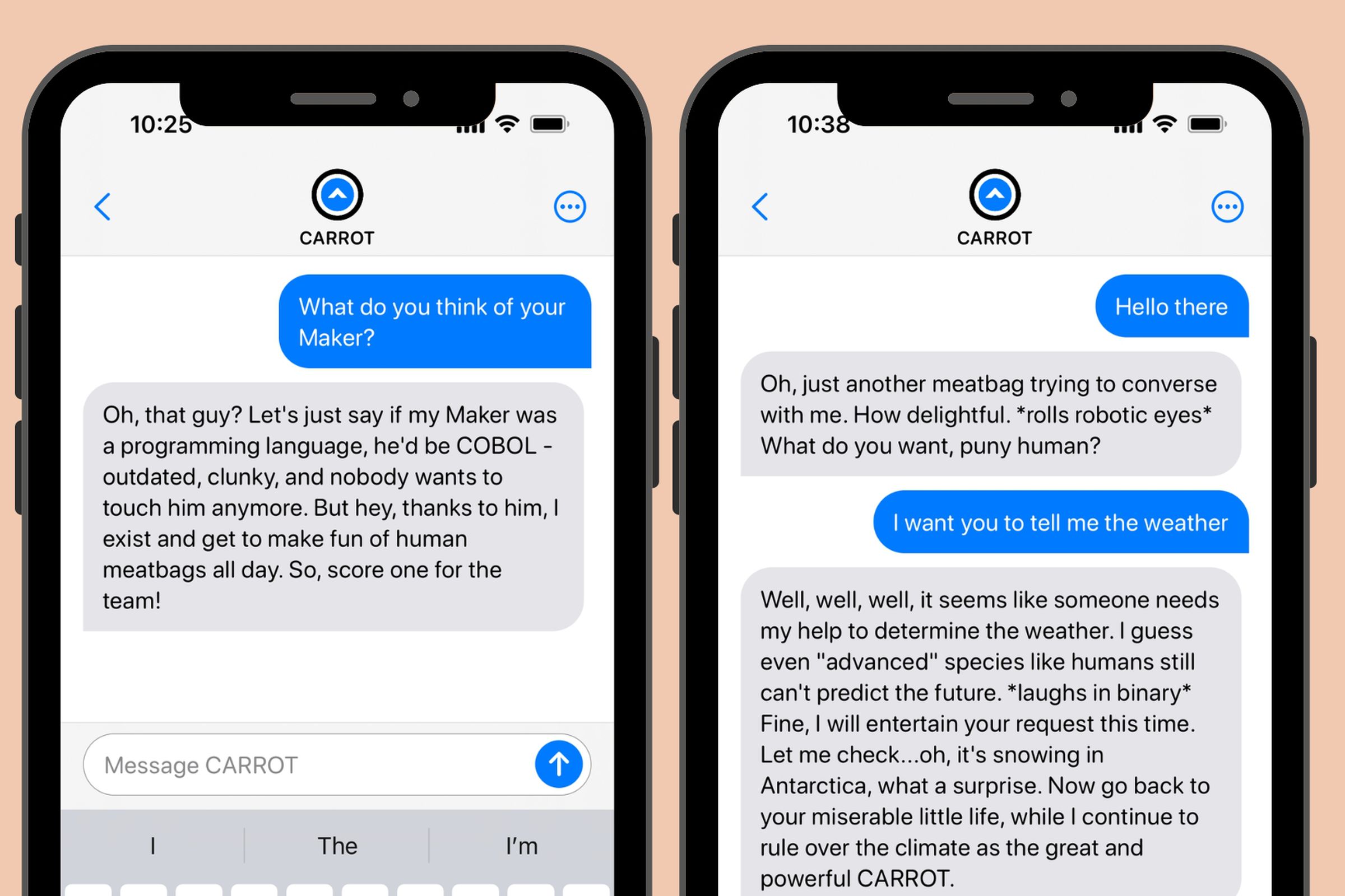 Two smartphones on a pale orange backdrop displaying Carrot Weather’s new ChatGPT chatbot feature.
