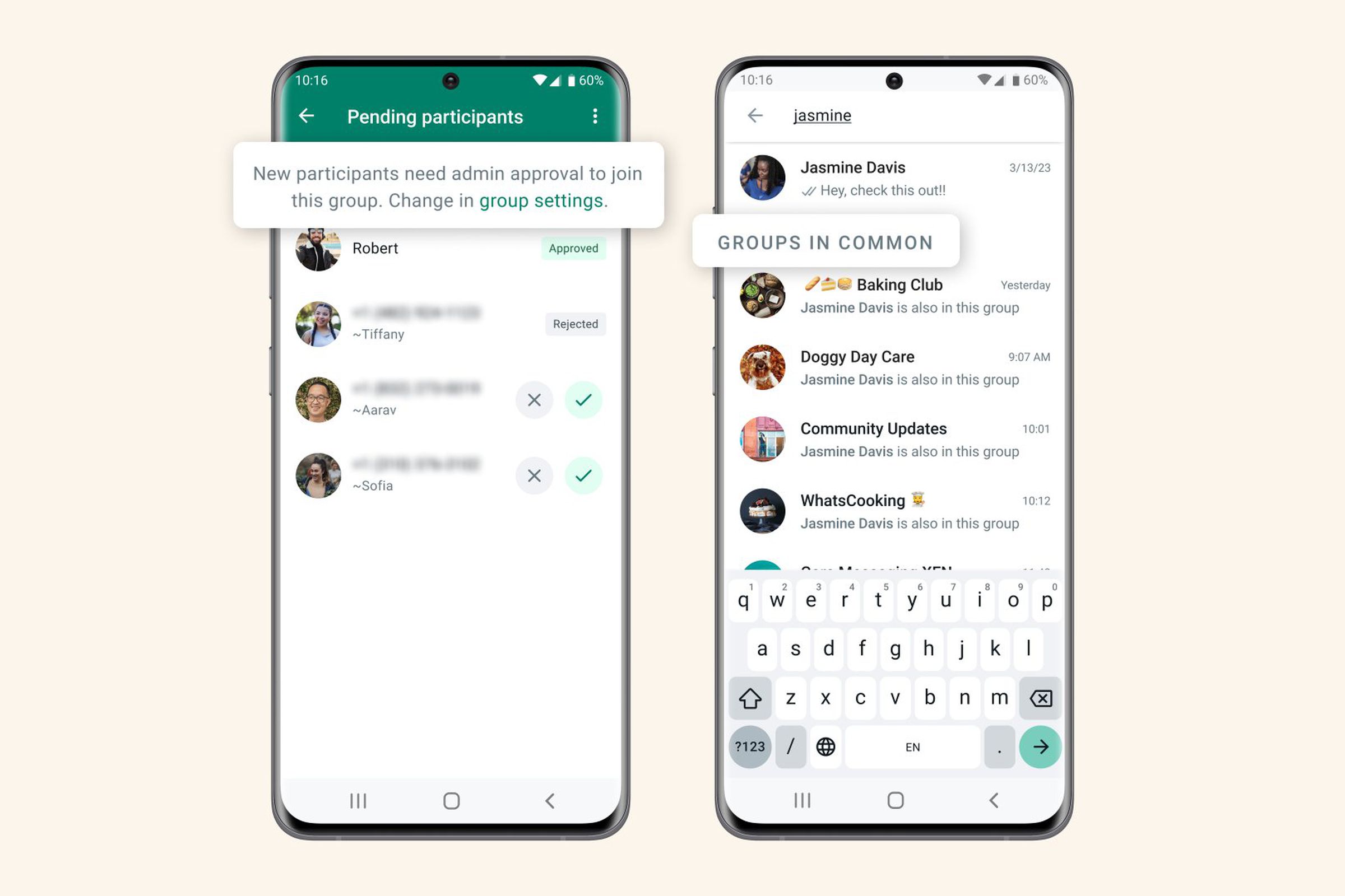 Two smartphones displaying the new features for WhatsApp’s latest update. Group admin settings are displayed and WhatsApp users can check what groups they have in common with other users.