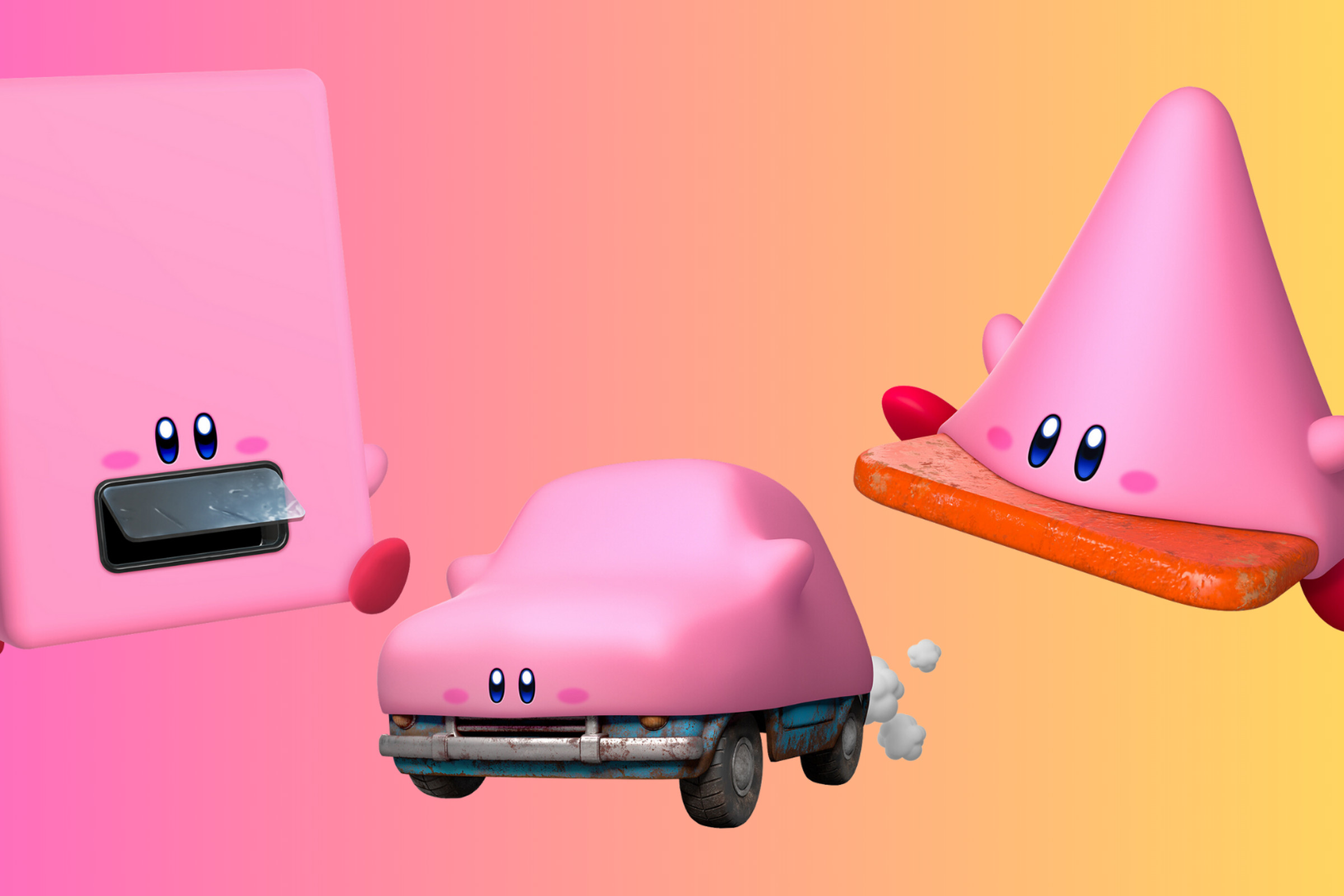 Image of Kirby in three different mouthful mode forms: vending machine, car, and traffic cone