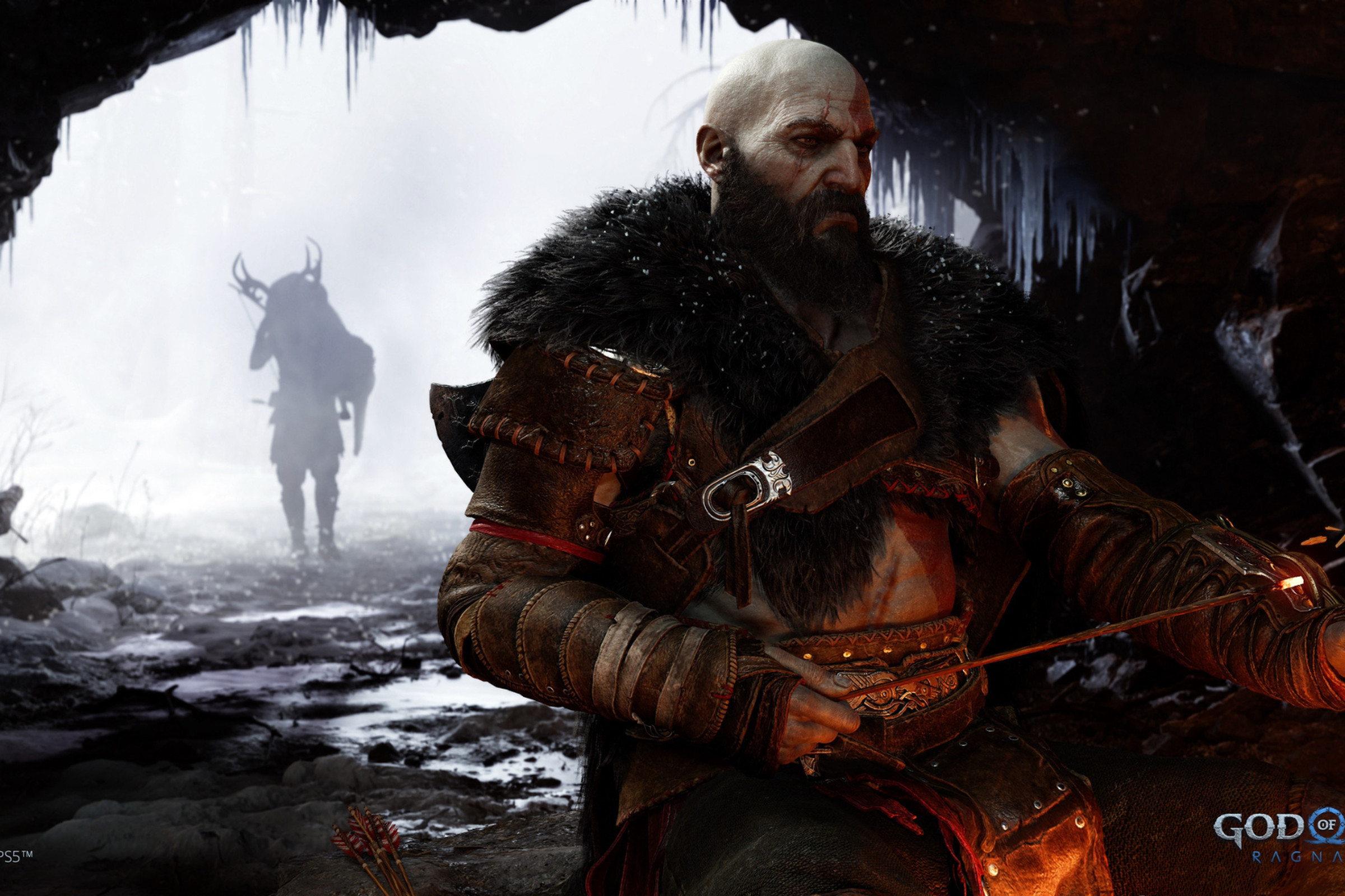 Screenshot from God of War Ragnarök featuring Kratos in a black bear cloak.
