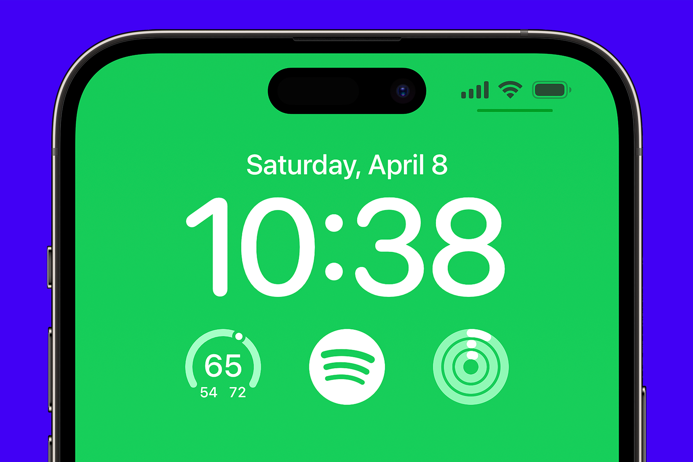 Top half of an iPhone 14 Pro on the lock screen — Saturday, April 8th, 10:30 — Spotify logo widget in between the small weather and activity icons.