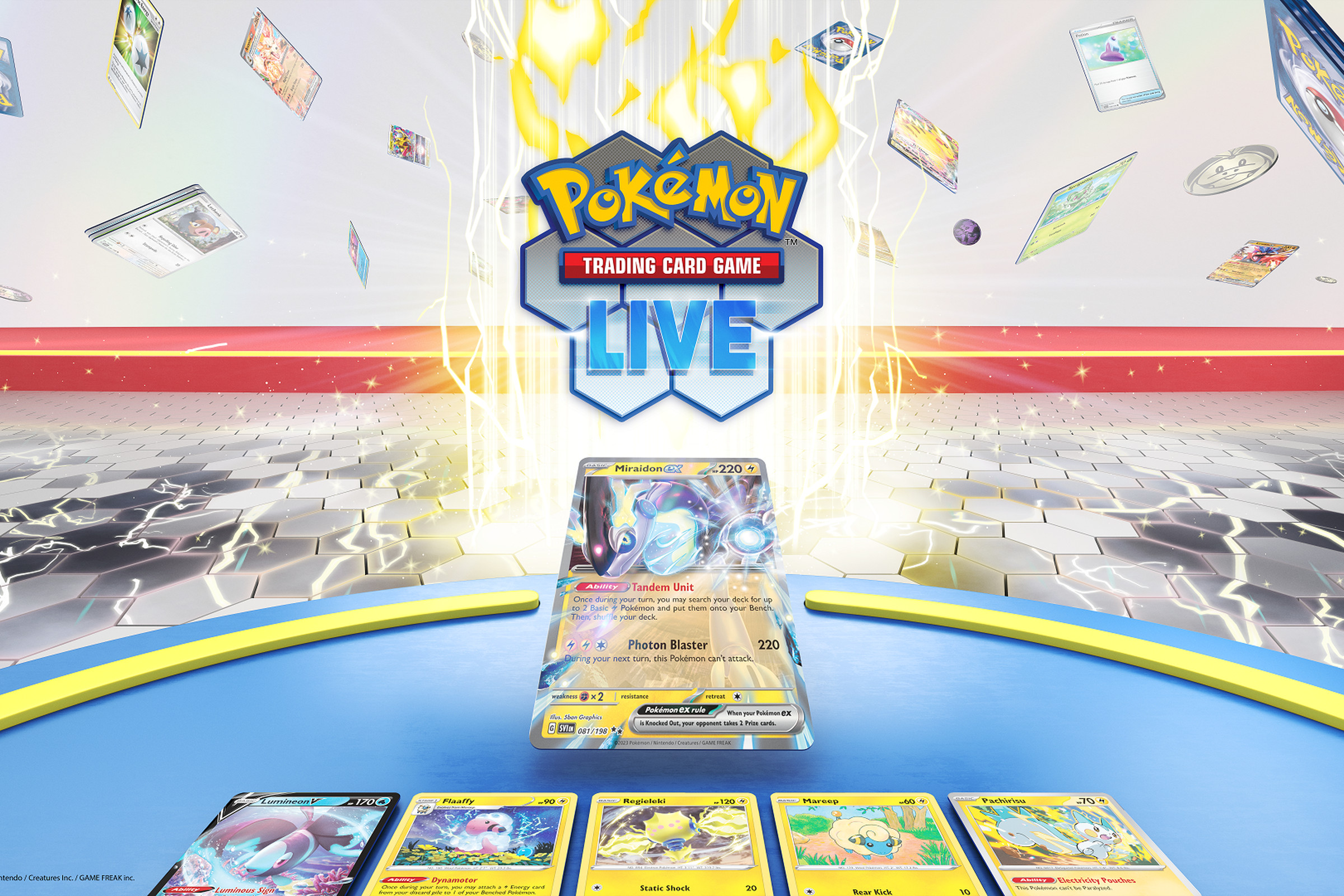 The Pokémon Trading Card Game Live app hovering above an array of Pokémon cards.