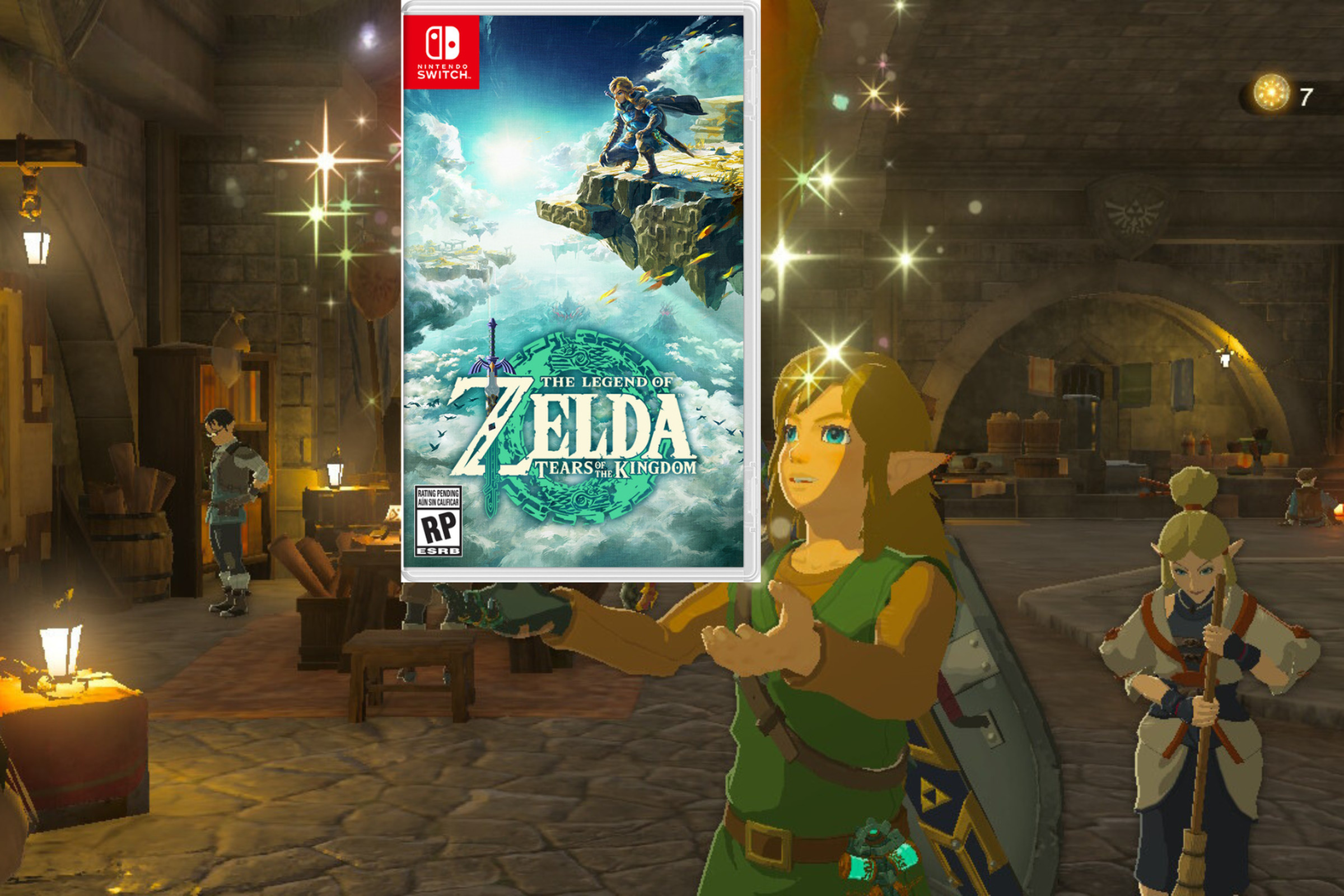 Photoshopped graphic from Tears of the Kingdom featuring the hero, Link, holding up a glowing copy of The Legend of Zelda: Tears of the Kingdom