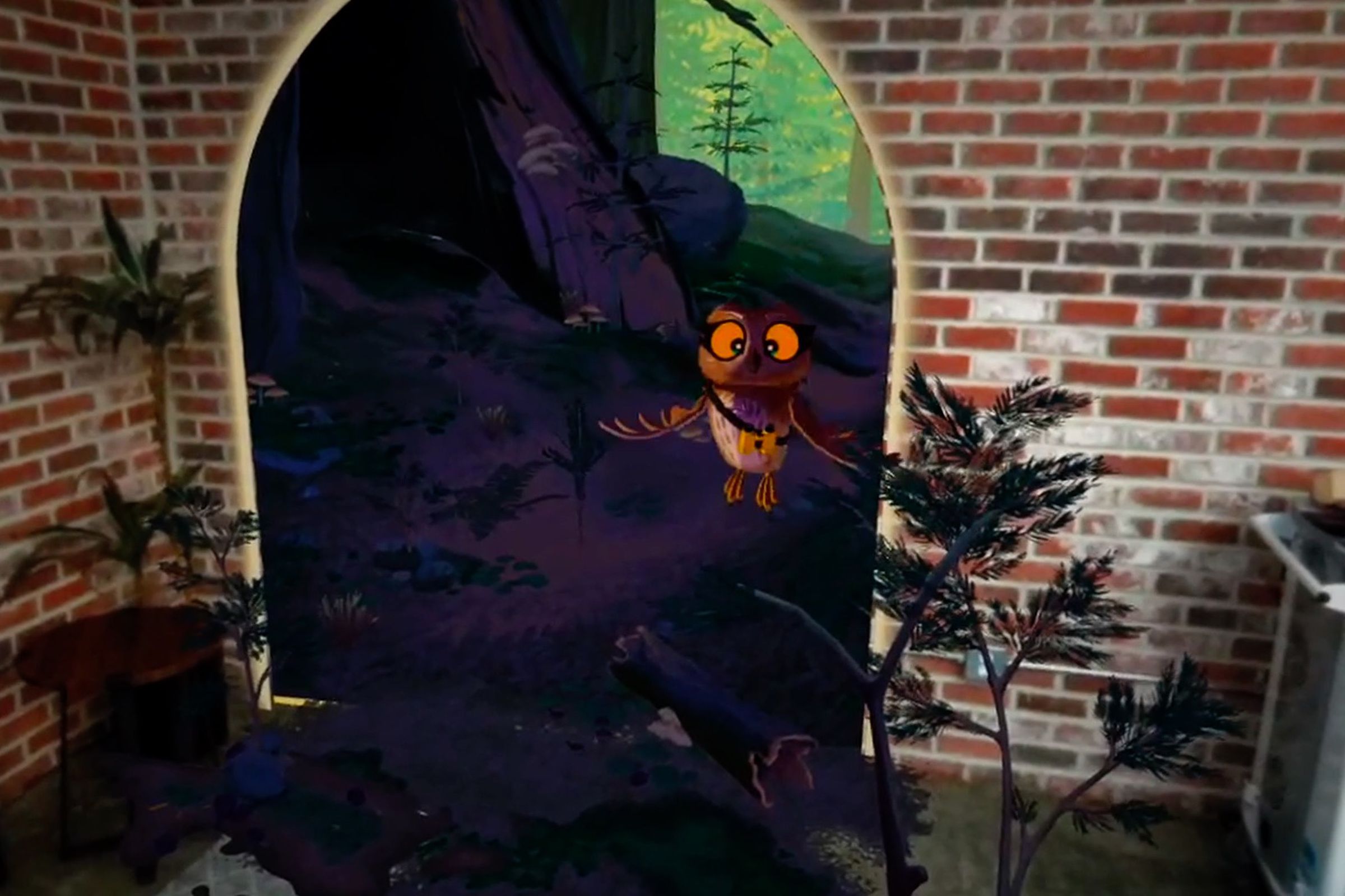 An image of the “Wol,” Niantic’s experience. A virtual owl flies through a portal that leads into a redwood forest, which is displayed on a brick wall.