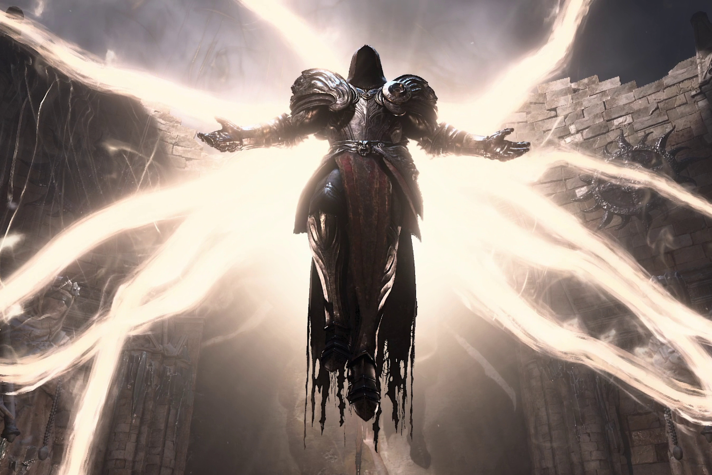Screenshot from Diablo IV featuring the angel Inarius descending from on high upon wings that are tendrils of light