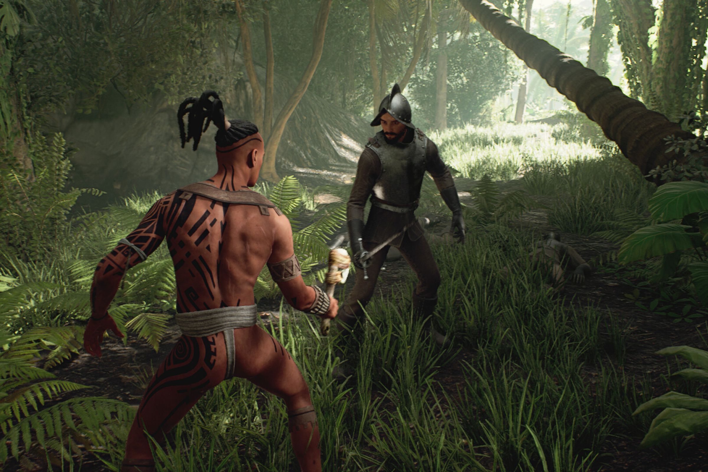 Screenshot from Ecumene Aztec featuring an Aztec warrior in a jungle stalking behind an armored Spanish conquistador