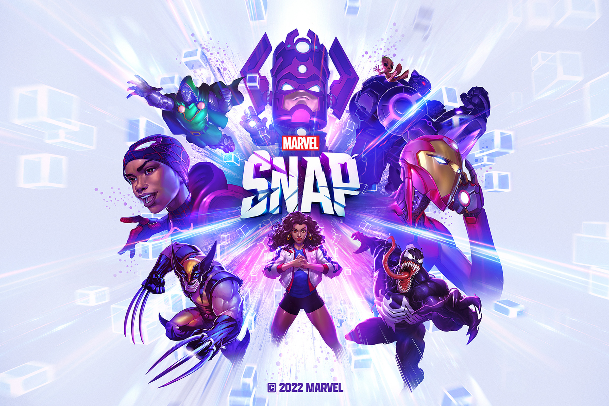Key art from Marvel Snap featuring a collection of Marvel superheroes with America Chavez in the center of the group