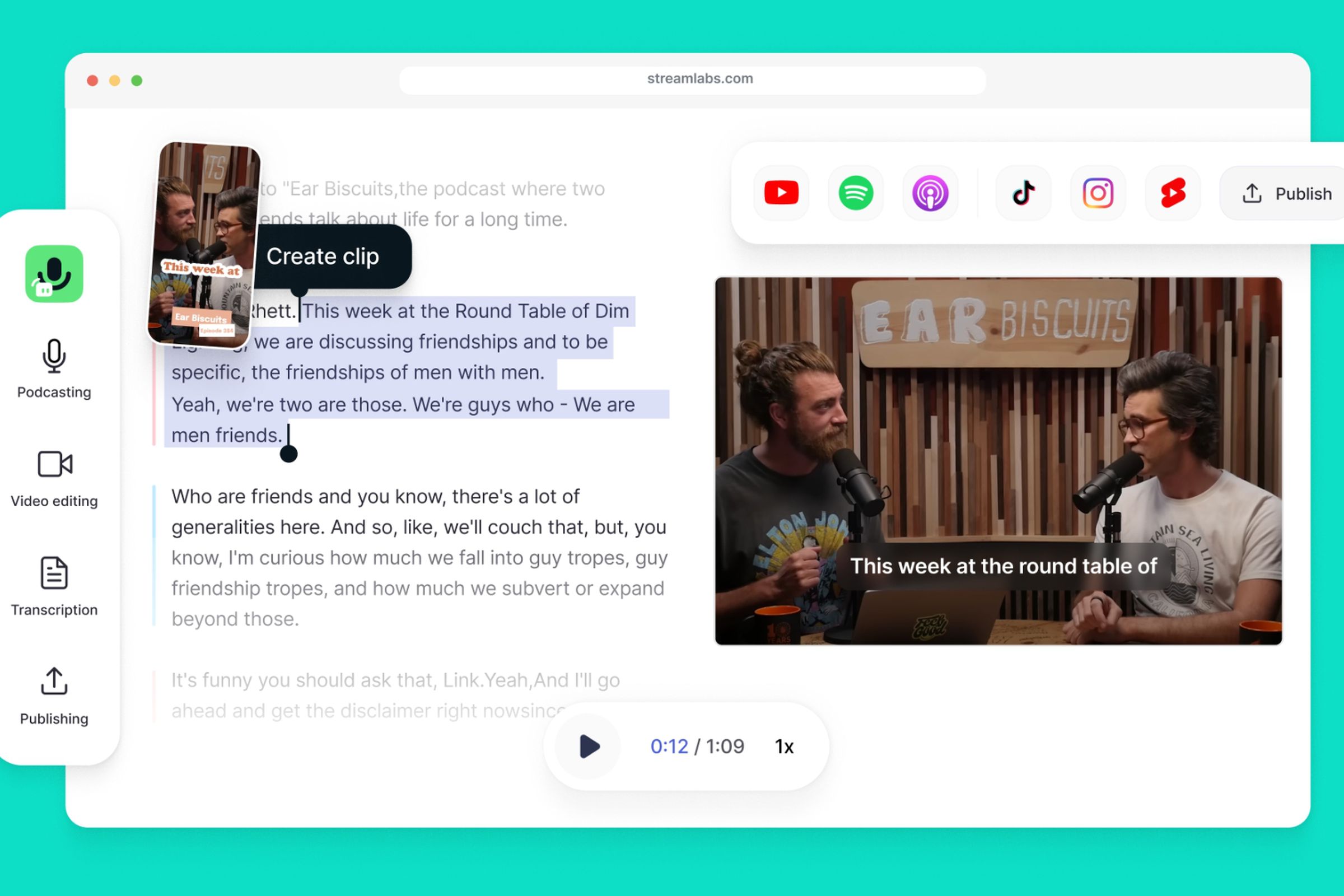 A mock-up of YouTube creators Rhett and Link using Streamlabs’ new Podcast Editor to transcribe and edit clips