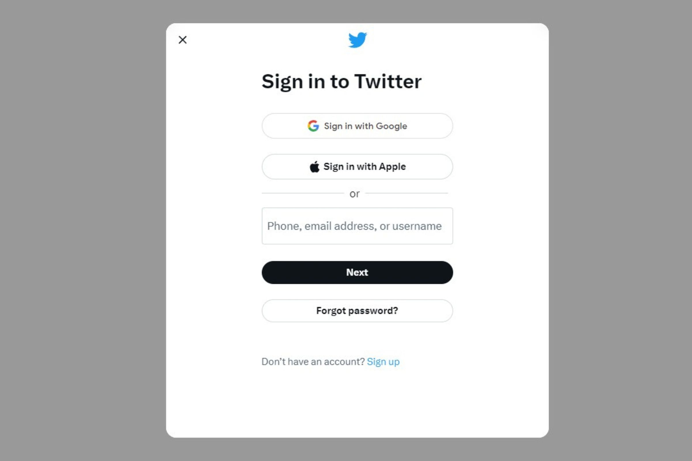 A screenshot of the Twitter sign in window