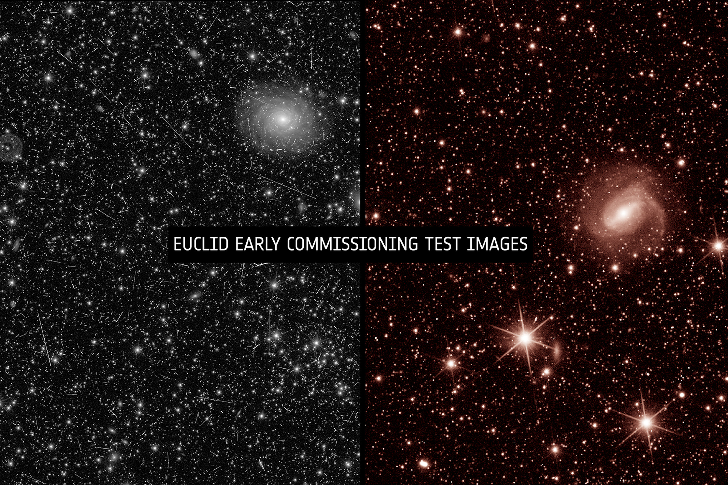 Öklid uzay teleskobu tarafından çekilen yan yana görsel spektrum ve kızılötesi spektrum test görüntüleri.