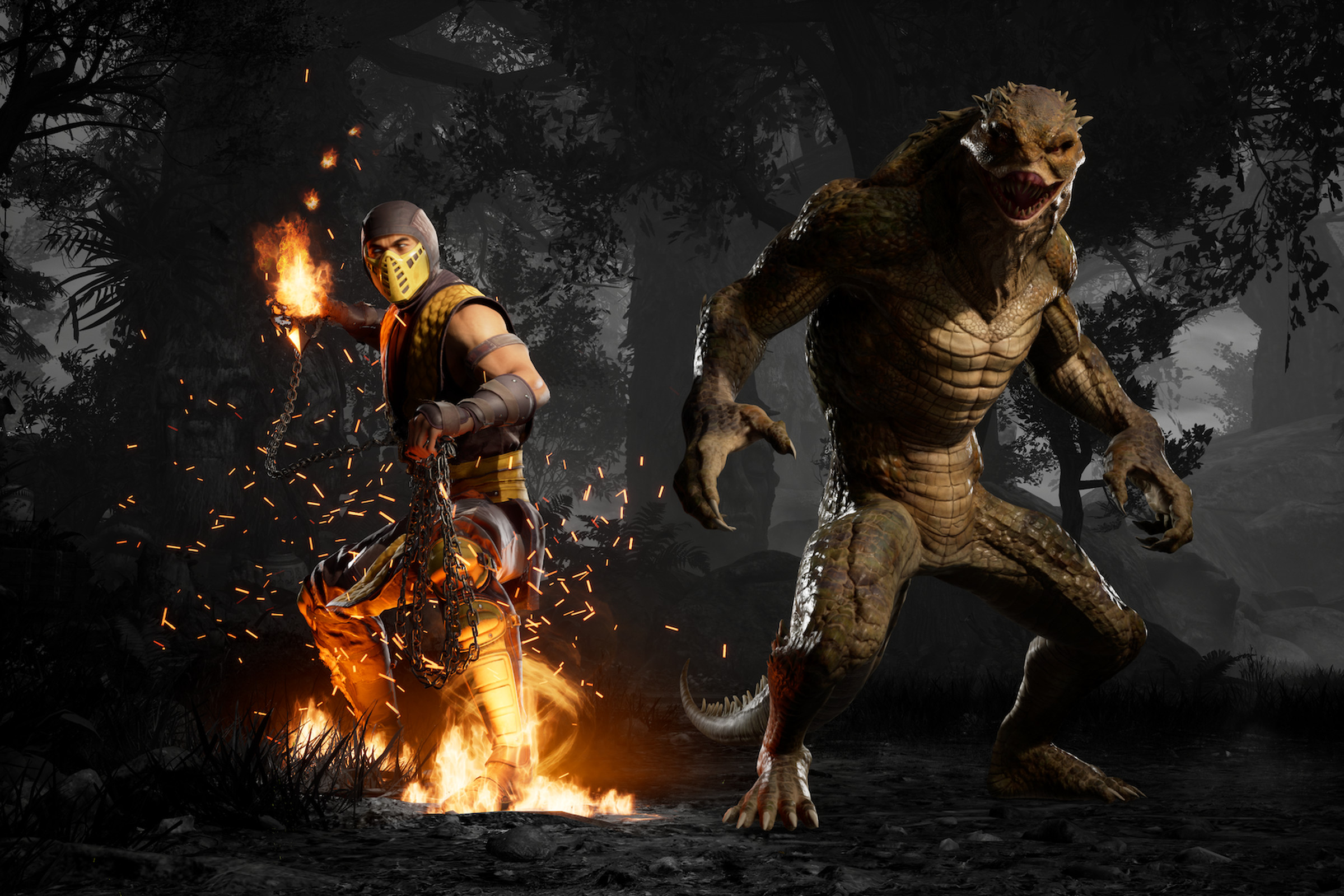 Screenshot from Mortal Kombat 1 featuring the character Scorpion and Reptile facing the camera