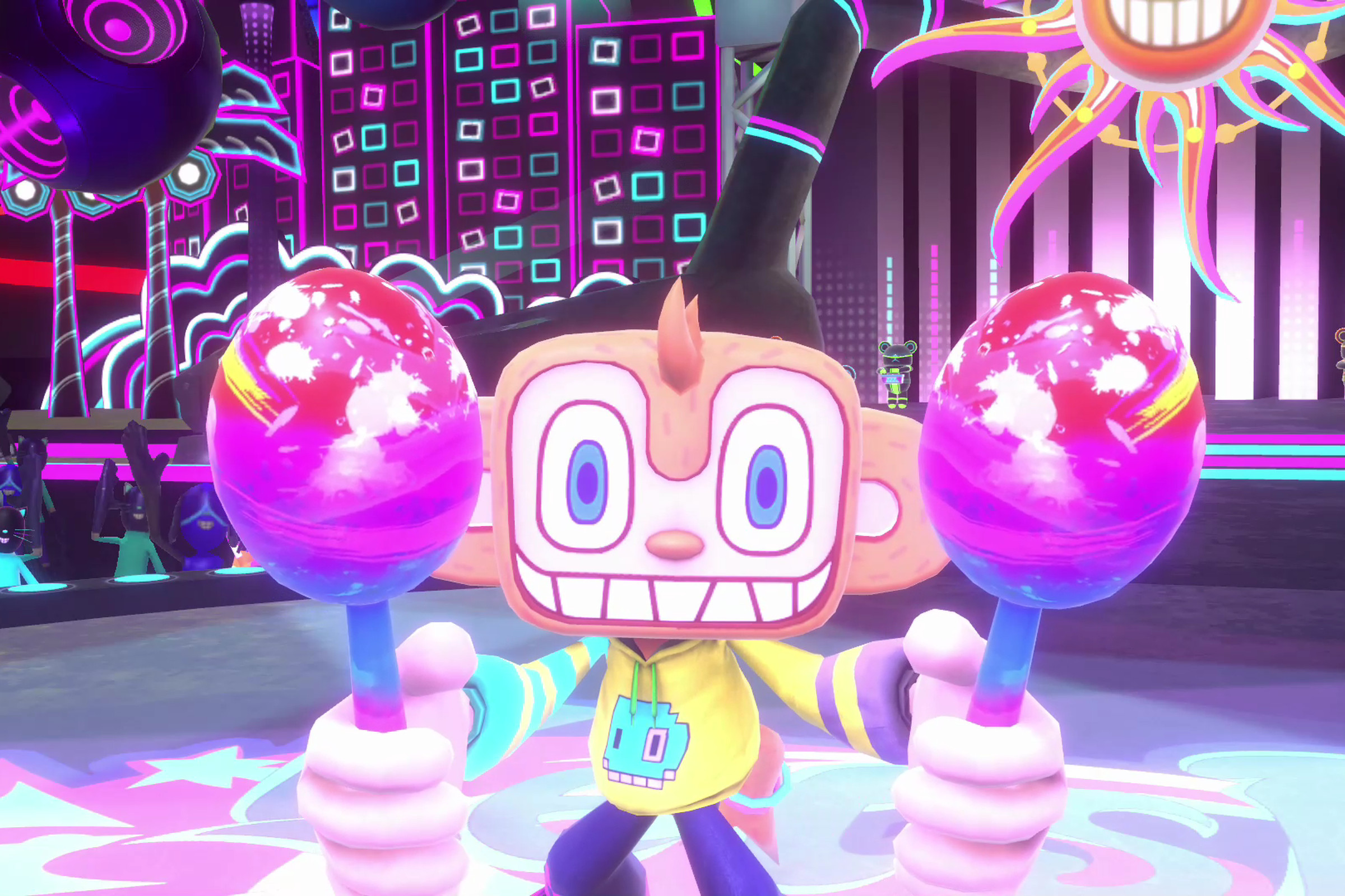 An in-game screenshot of Samba de Amigo: Party Central, showing the in-game monkey mascot playing the maracas.