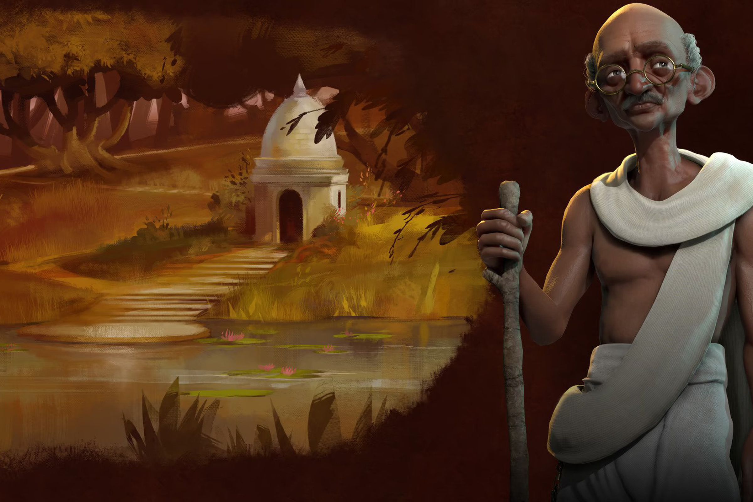 Key art from Sid Meier’s Civilization VI featuring a stylized render of Mahatma Gandhi in his trademark white robes carrying a walking stick