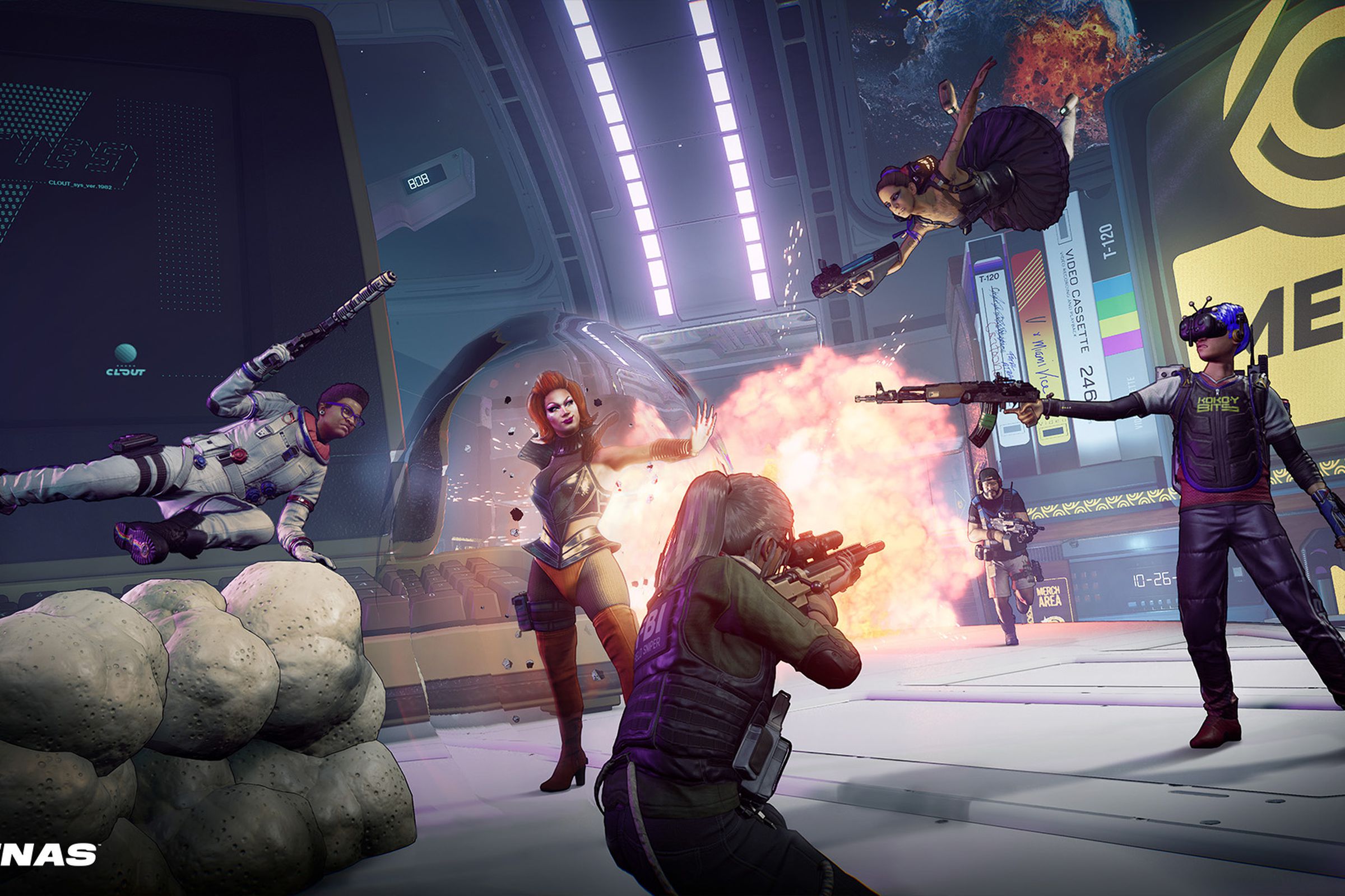 Screenshot from Hyenas featuring a group of mercenaries fighting in a zero-gravity mall arena.