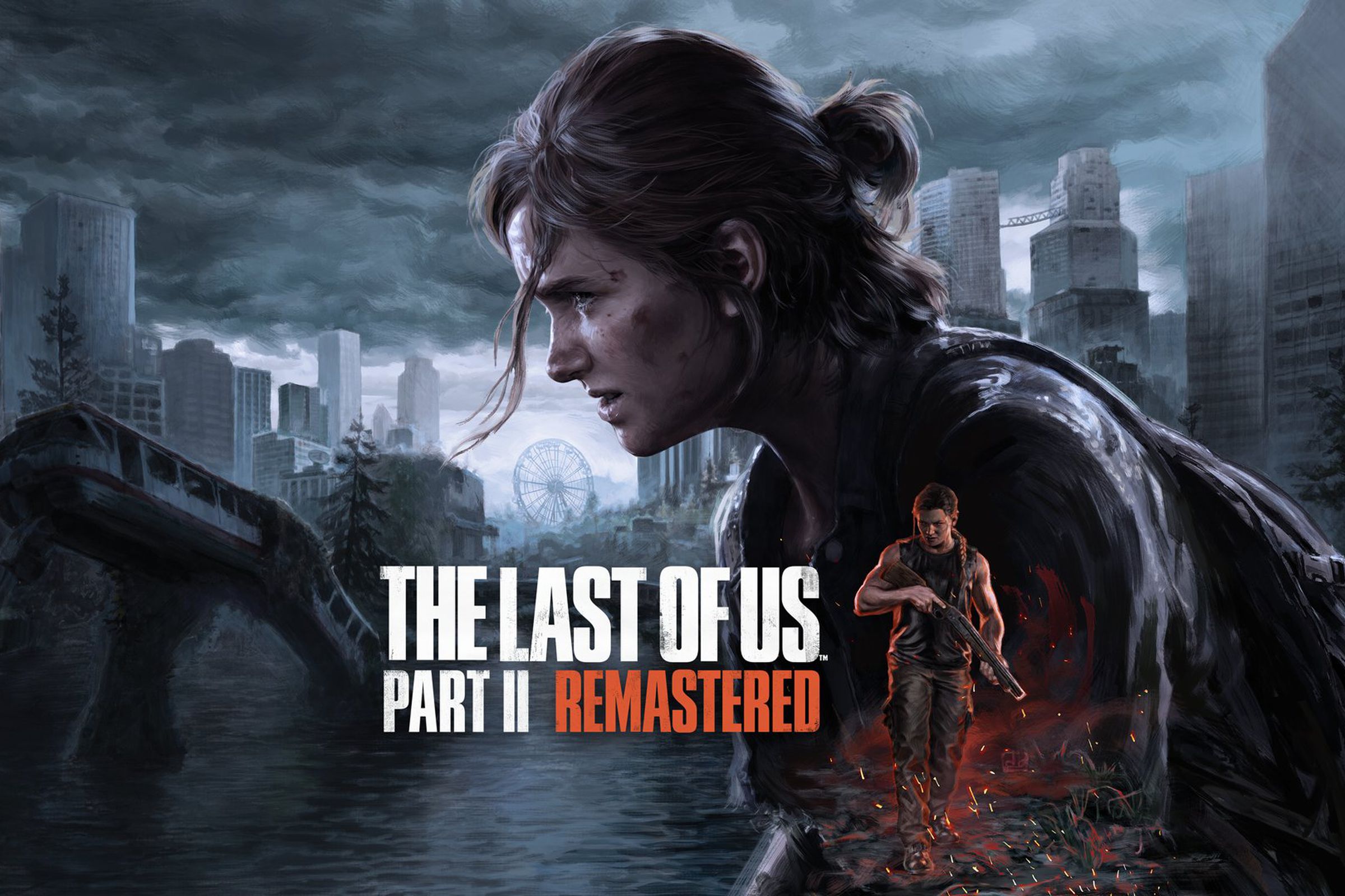 The Last of Us Part II Remastered promotional artwork showing Ellie against a post-apocalyptic background.