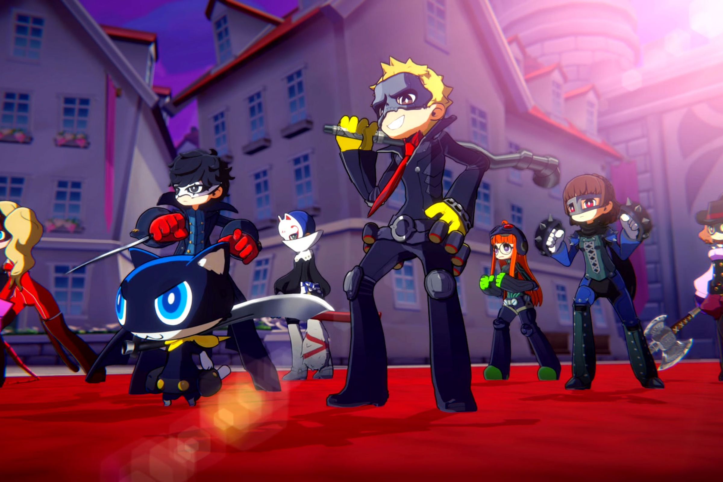 Screenshot from Persona 5 Tactica featuring the Phantom Thieves standing together on a red carpet