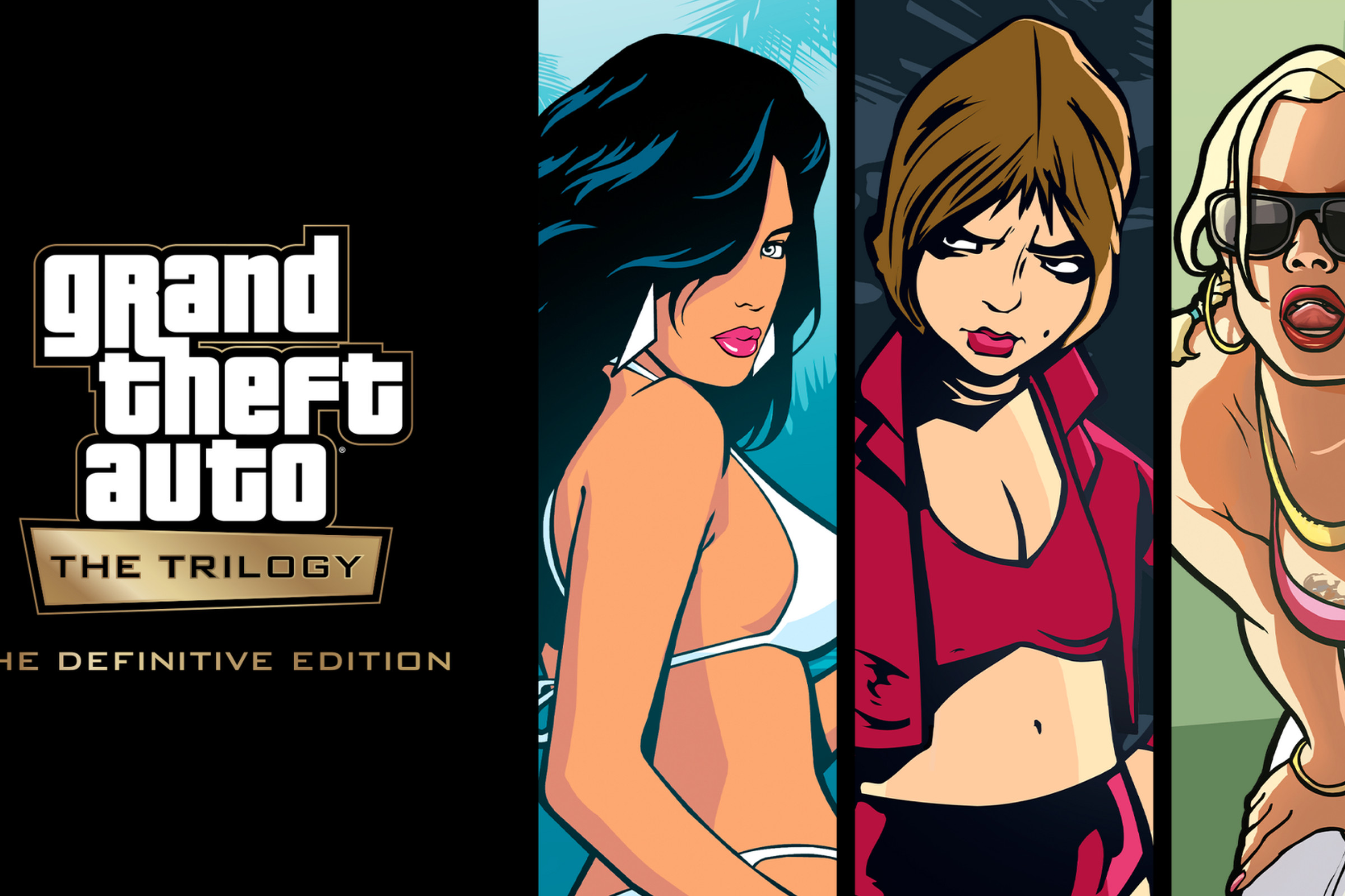 Graphic depicting three women from the Grand Theft Auto trilogy with the text “Grand Theft Auto The Trilogy Definitive Edition”