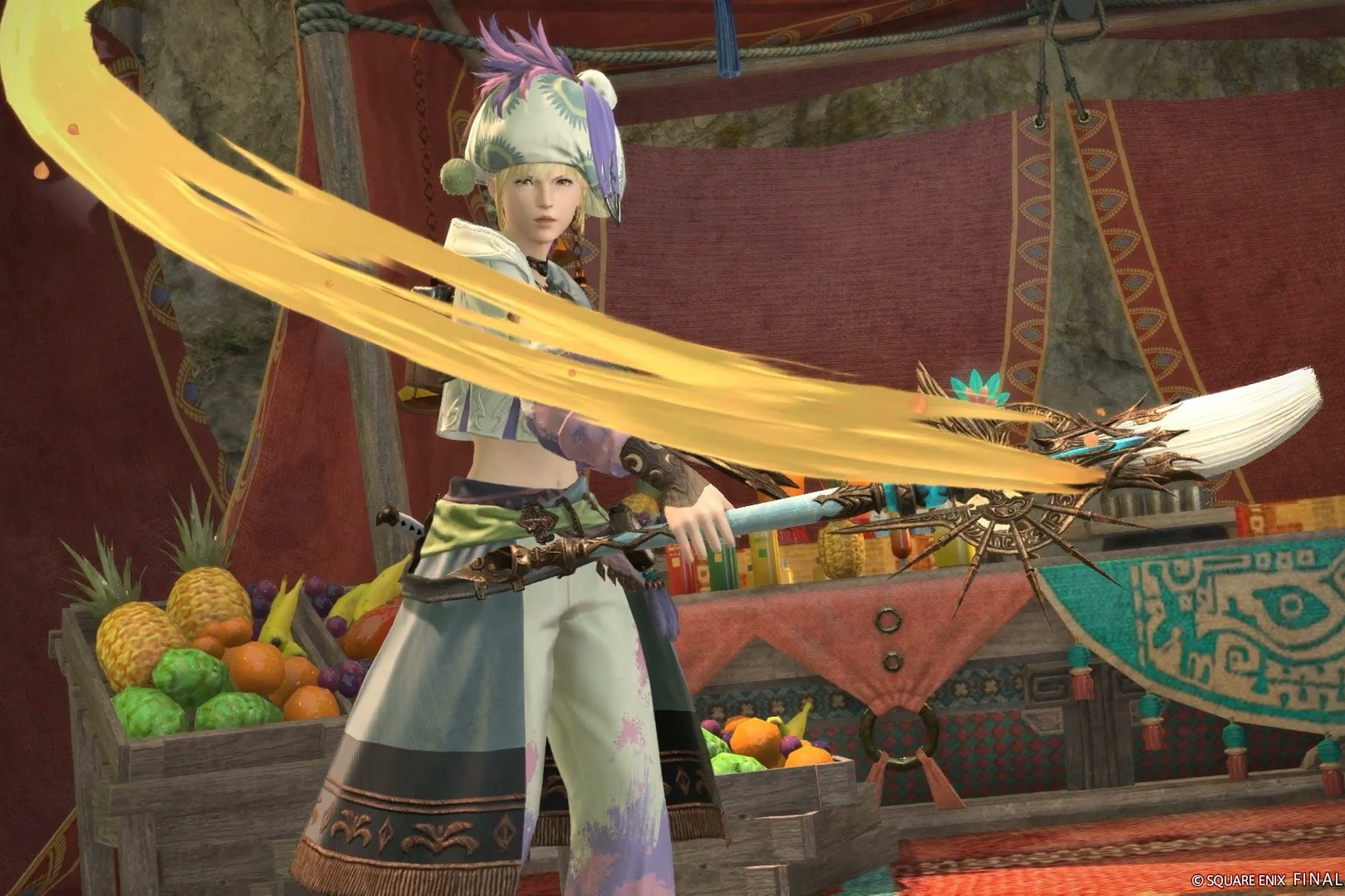 Image from Final Fantasy XIV Dawntrail featuring the Pictomancer class, a human pale skinned woman wearing a poofy painter’s hat and a long white coat and swinging a very large painter’s brush creating a swish of yellow paint on the screen.
