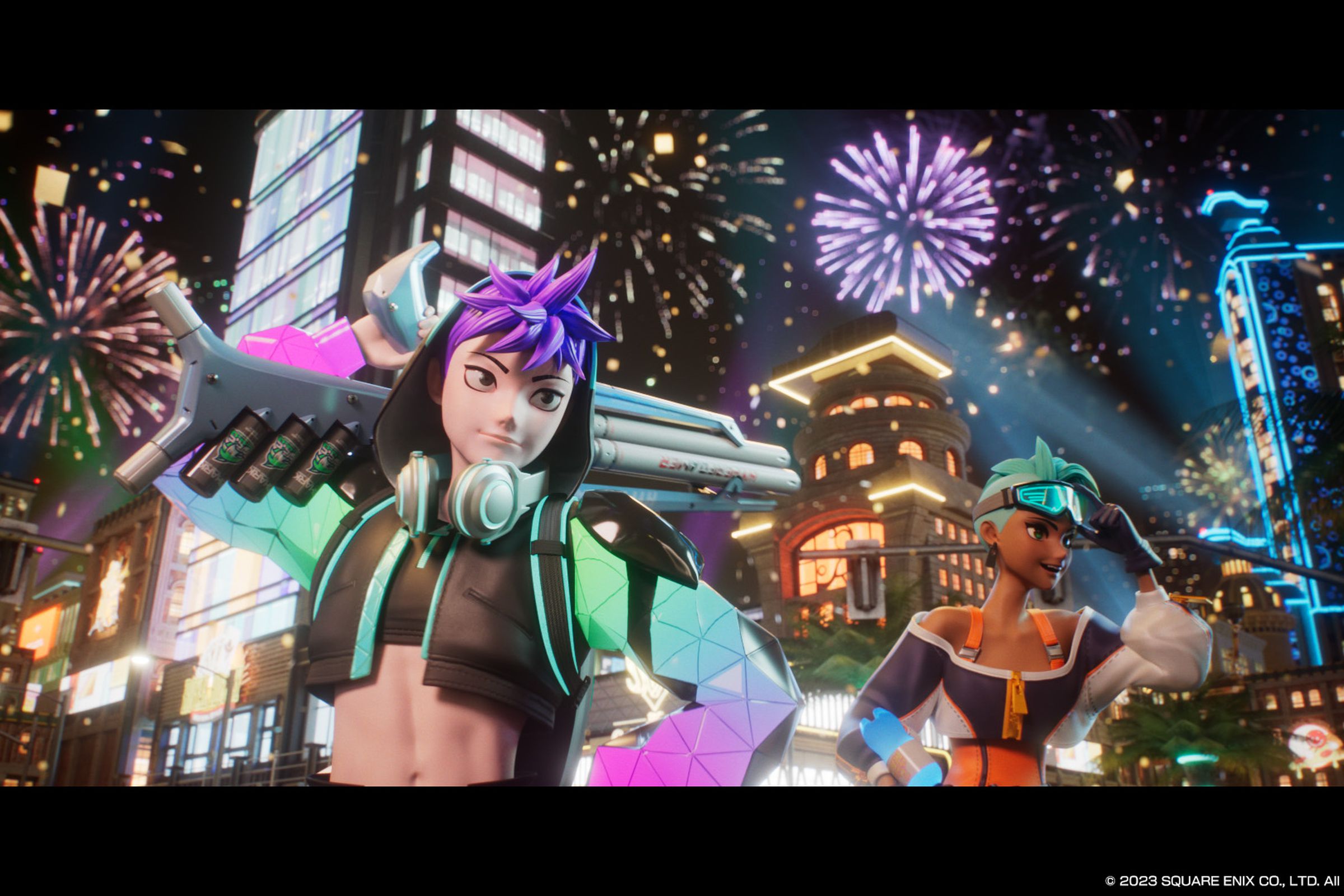 Screenshot from Foamstars featuring two humans in brightly colored futuristic clothing stand in a city lit by fireworks.
