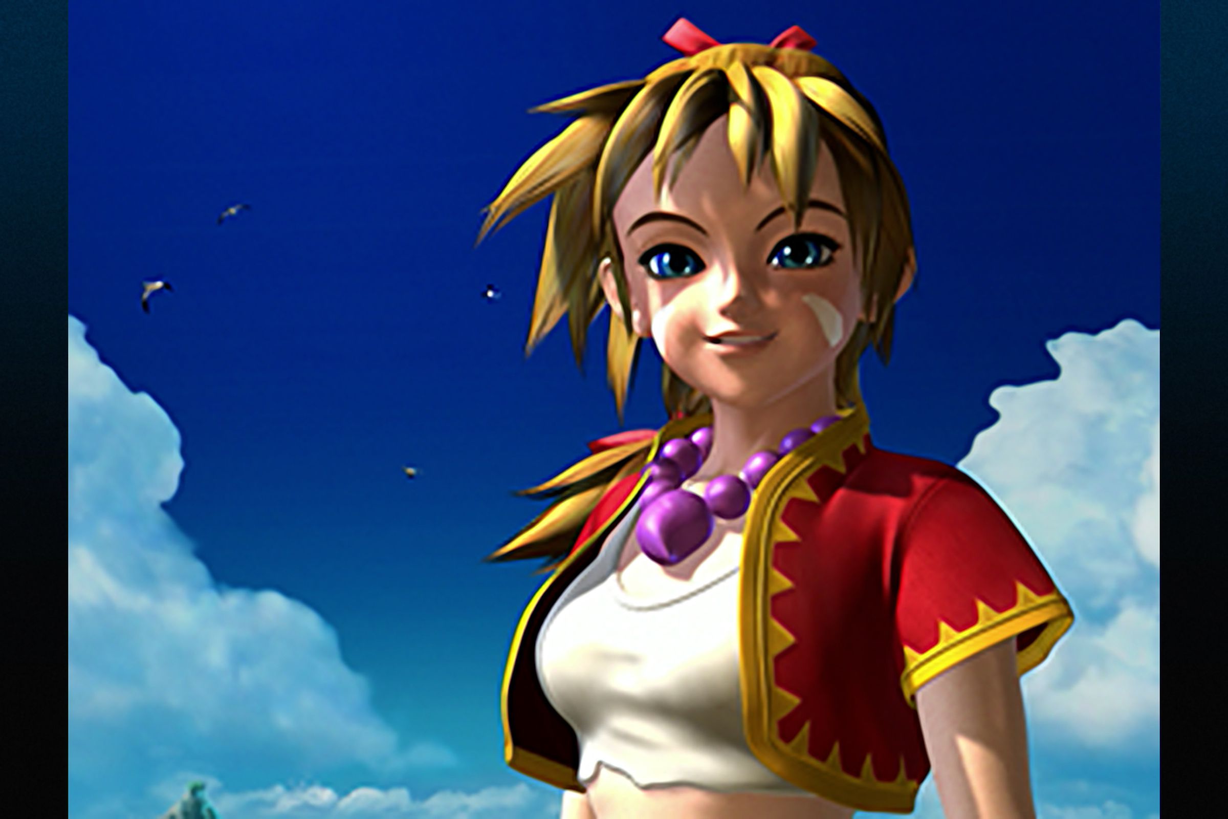 Screenshot from Chrono Cross featuring the main character, Kid, a light-skinned woman with spiky blond hair smiling against the sky