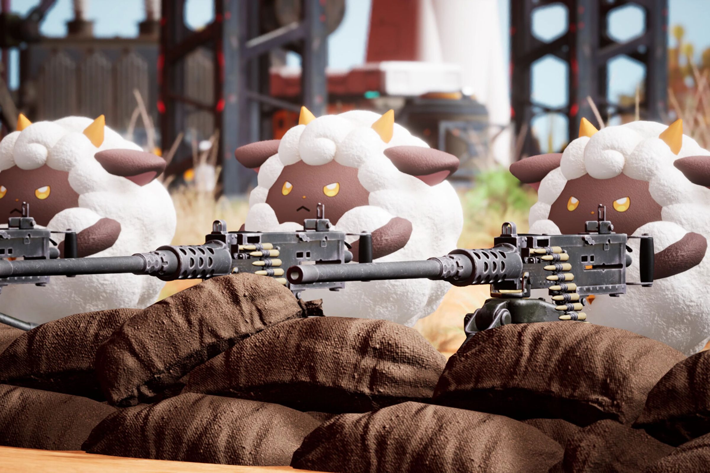 Screenshot from Palworld featuring Lamball monsters piloting machine guns