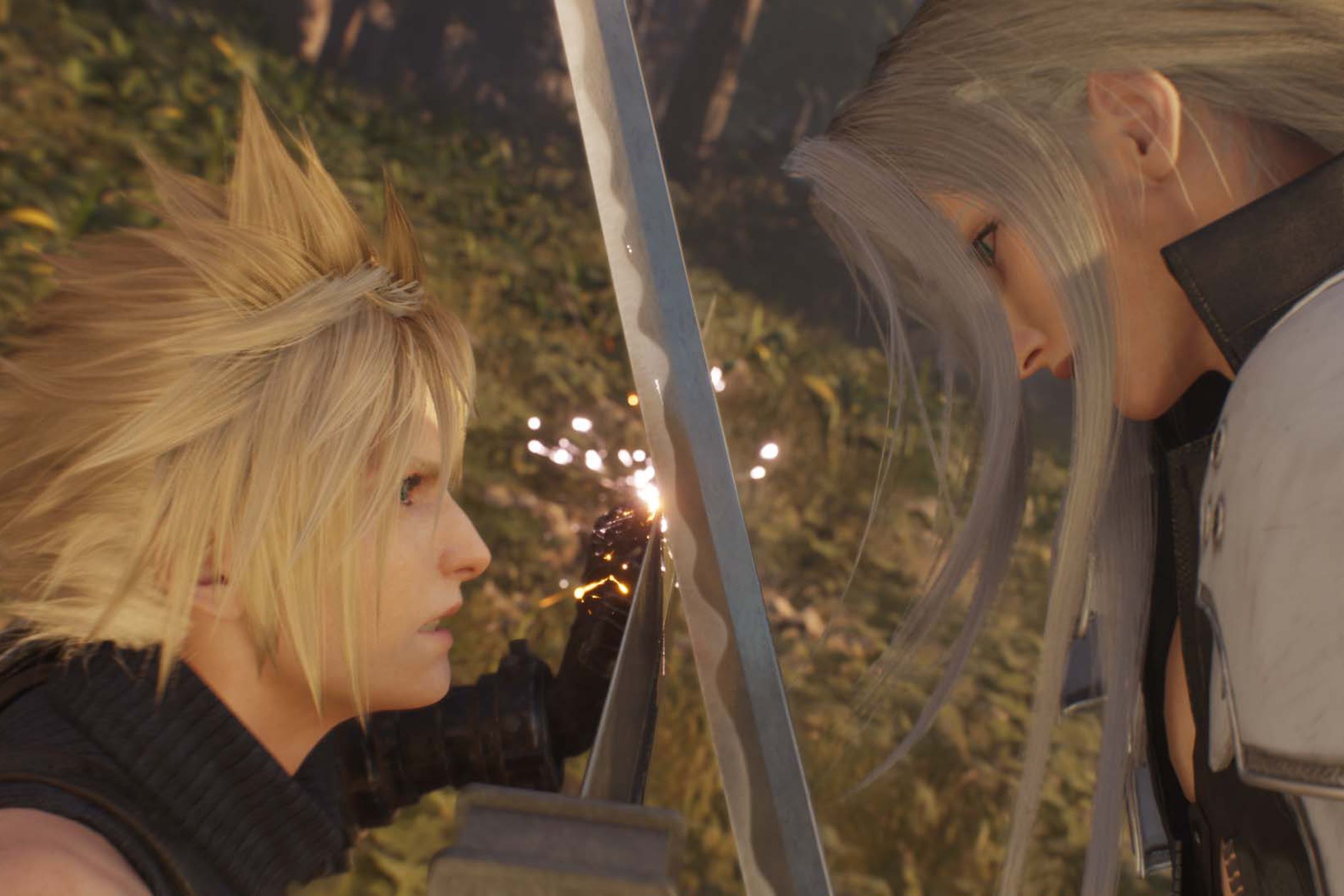 Screenshot from Final Fantasy VII Rebirth featuring a close up of Cloud (left) and Sephiroth (right) clashing swords.