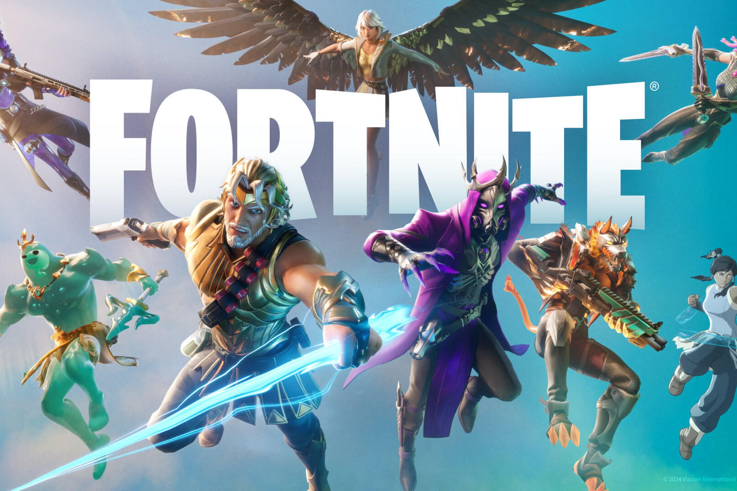 Promotional image for the new season of Fortnite, showing the season’s new character skins around the game’s logo.