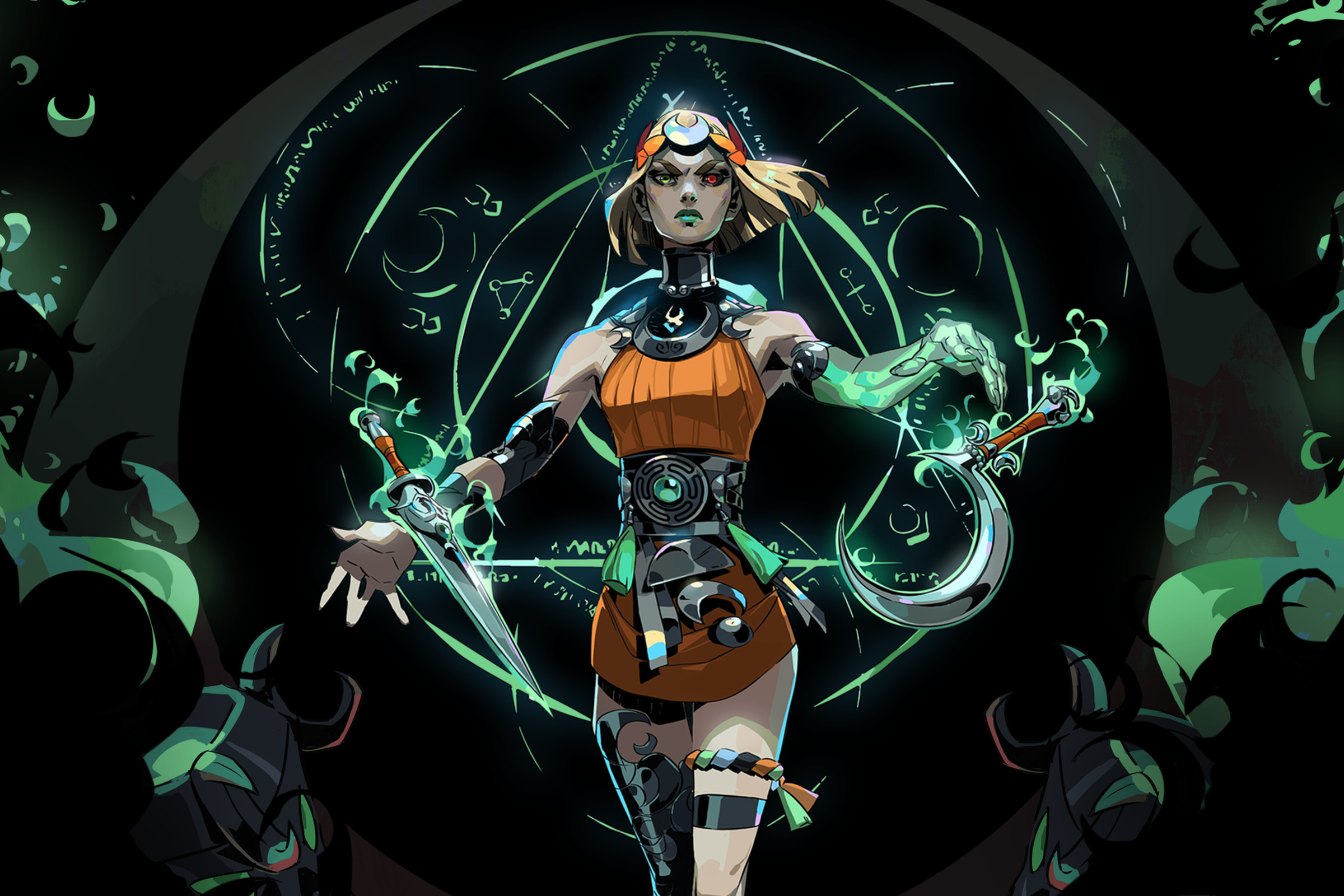 Key art from Hades 2 featuring the protagonist Melinoë, a young woman with bicolor eyes and green, glowing arm.