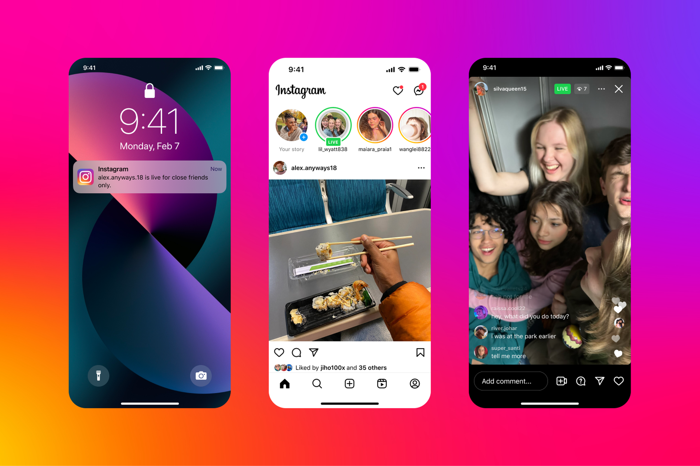 Instagram Live video stream alerts and displays for Close Friends only.