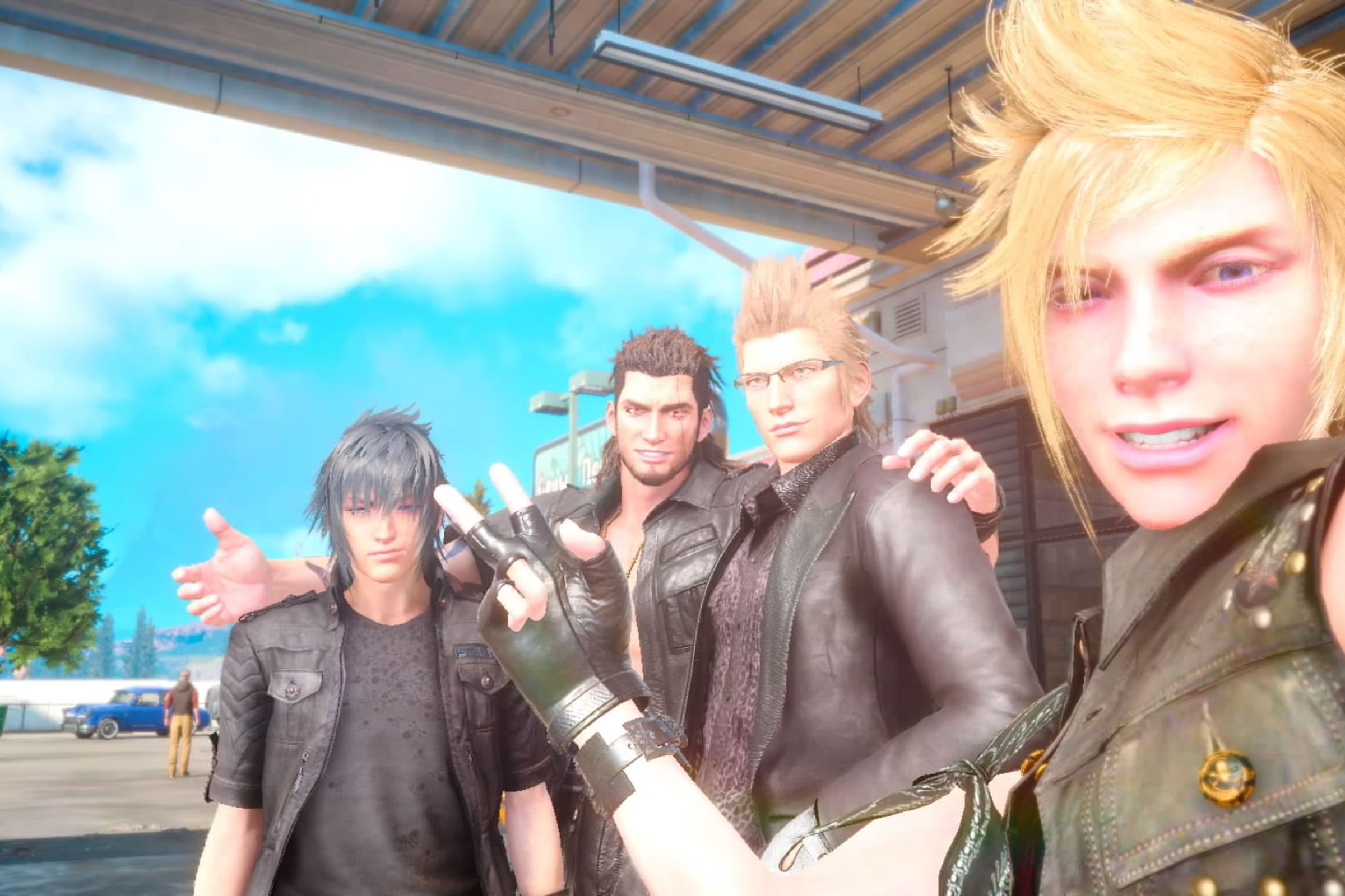Screenshot from Final Fantasy XV featuring a group of happy looking men taking a selfie.