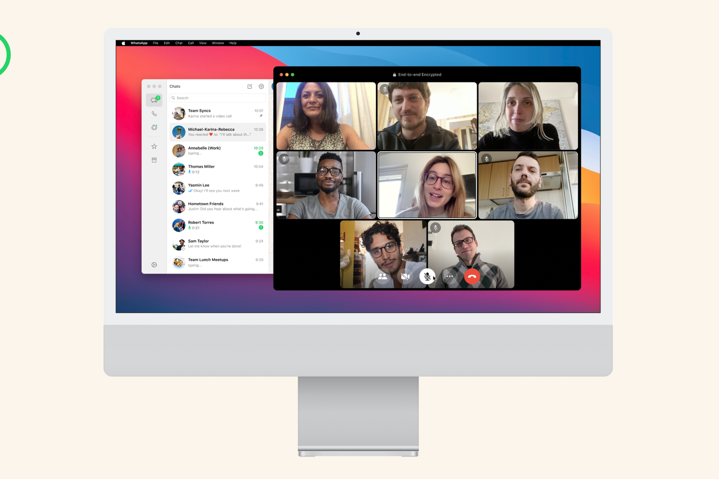 A picture showing an iMac running the new native WhatsApp macOS app.