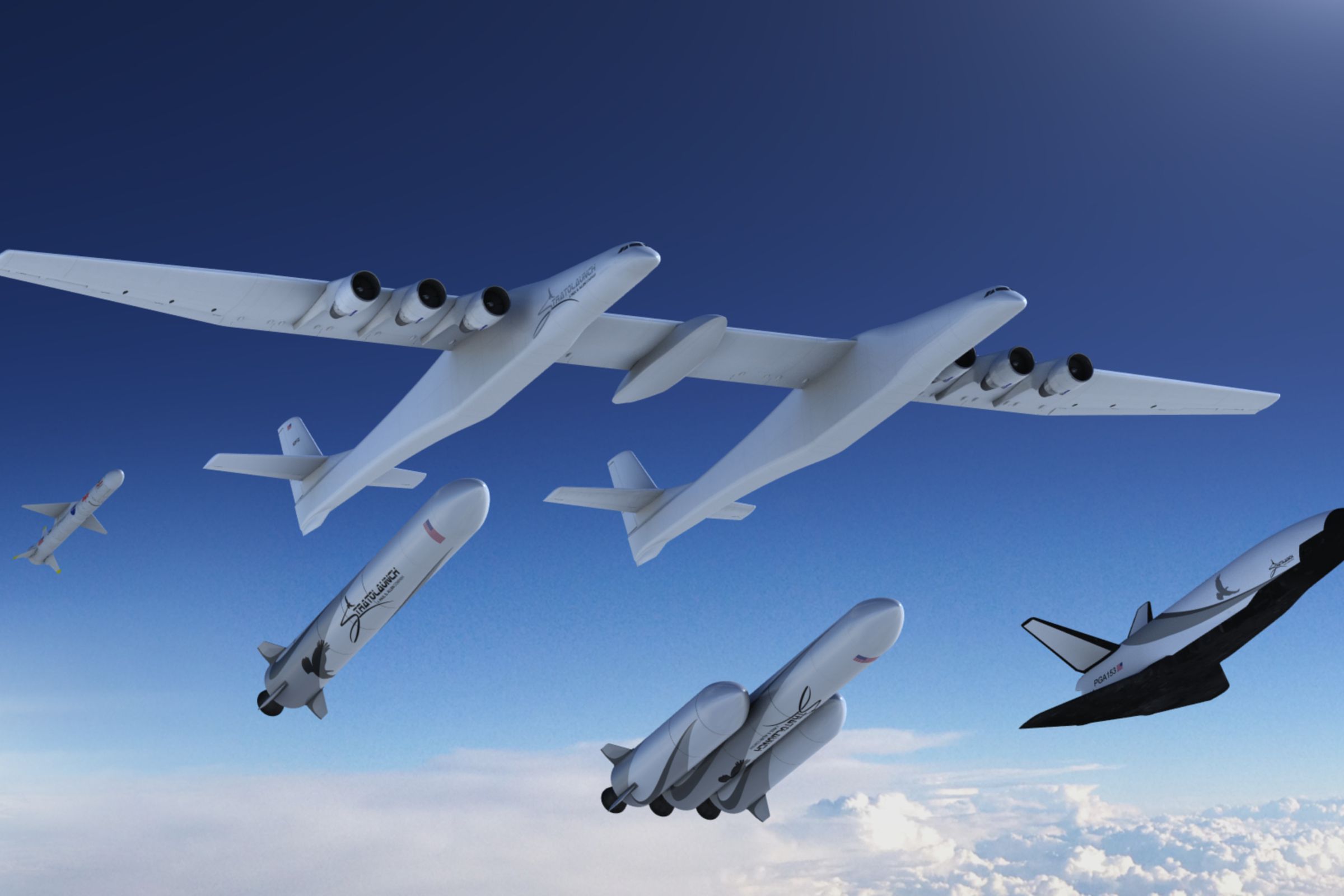 Renderings of Stratolaunch’s massive plane and the vehicles it will carry.