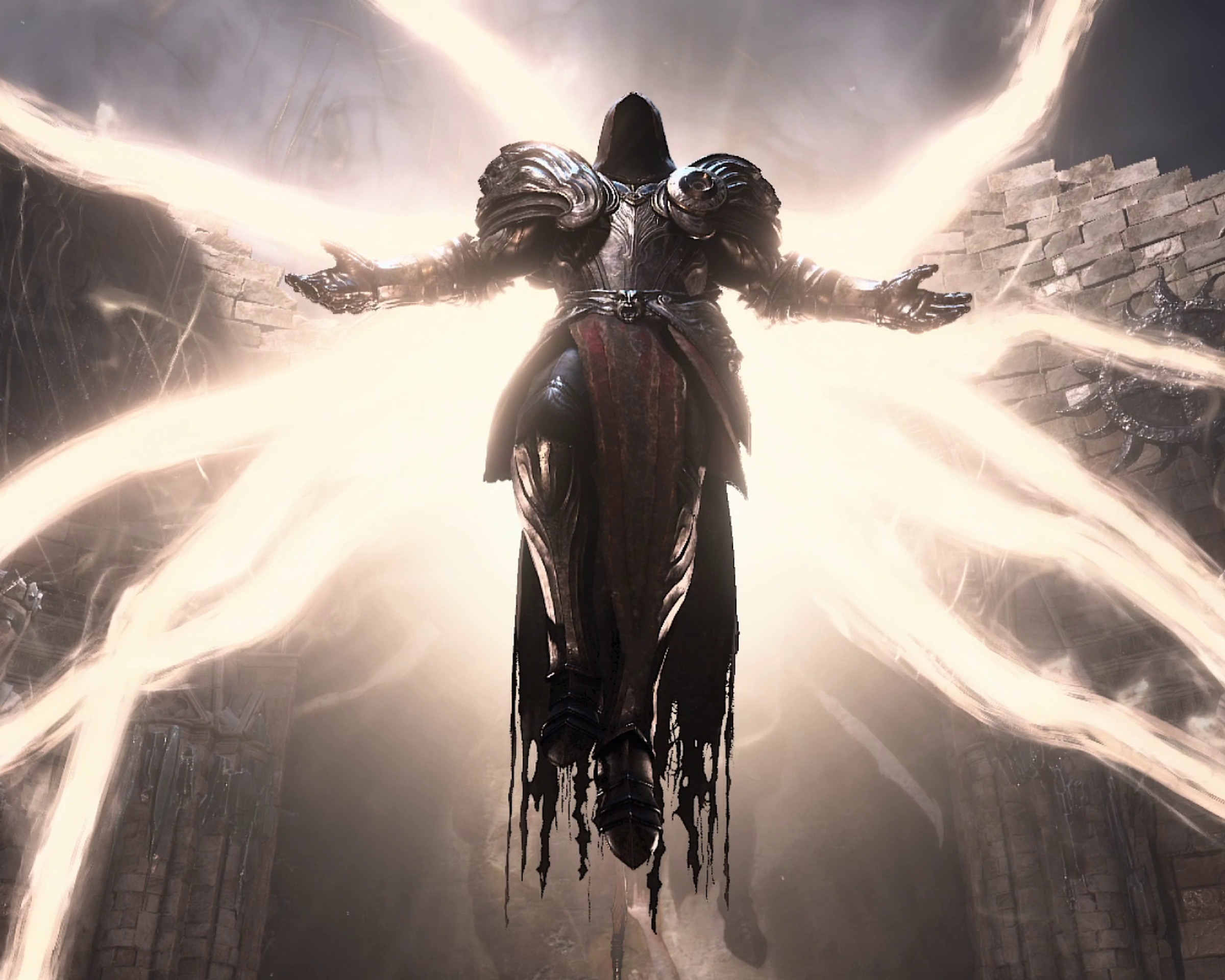Screenshot from Diablo IV featuring the angel Inarius descending from on high upon wings that are tendrils of light