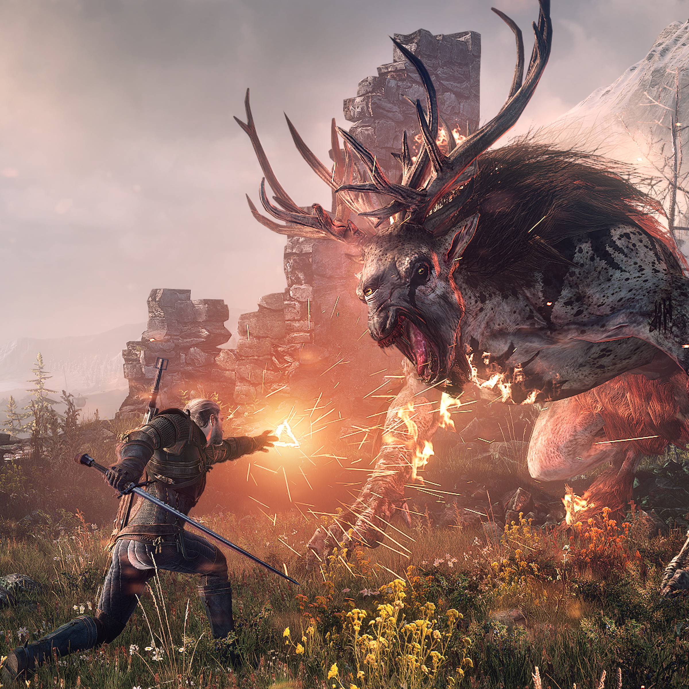 A man in armor faces a huge antlered monster.