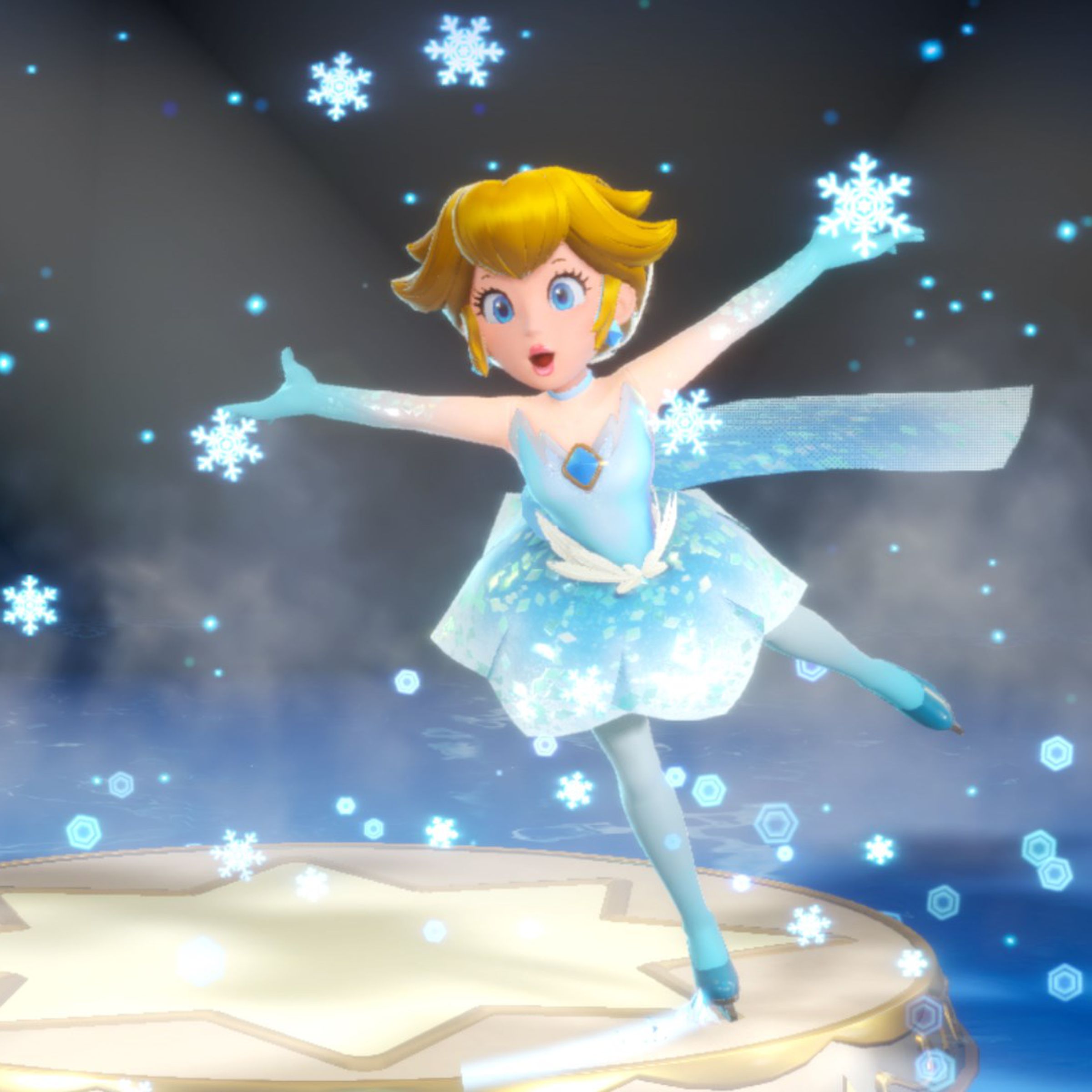 Screenshot from Princess Peach: Showtime! featuring Princess Peach in an ice blue figure skating leotard skating, extending her arms out wide with a joyous expression on her face.