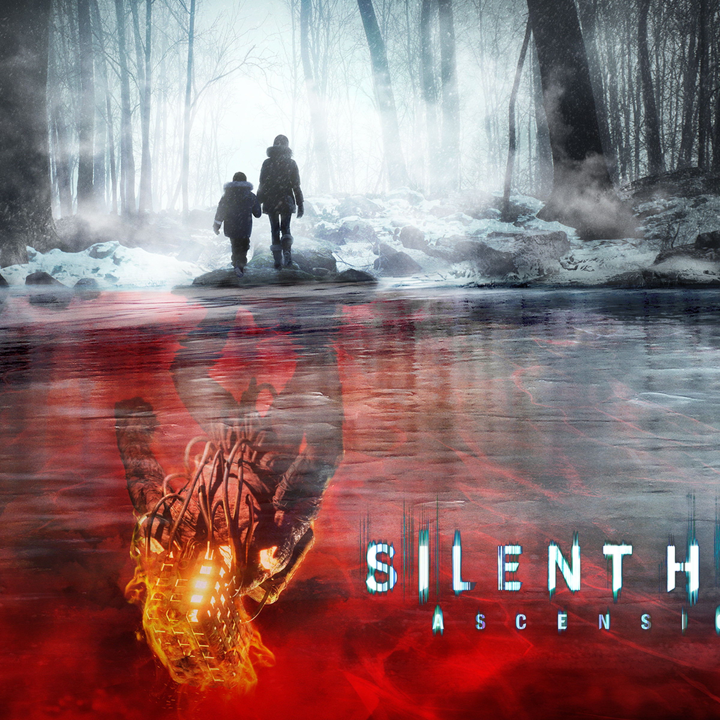 Key art for Silent Hill Ascension featuring a parent and child walking in a snowy forest as a monster lurks below them
