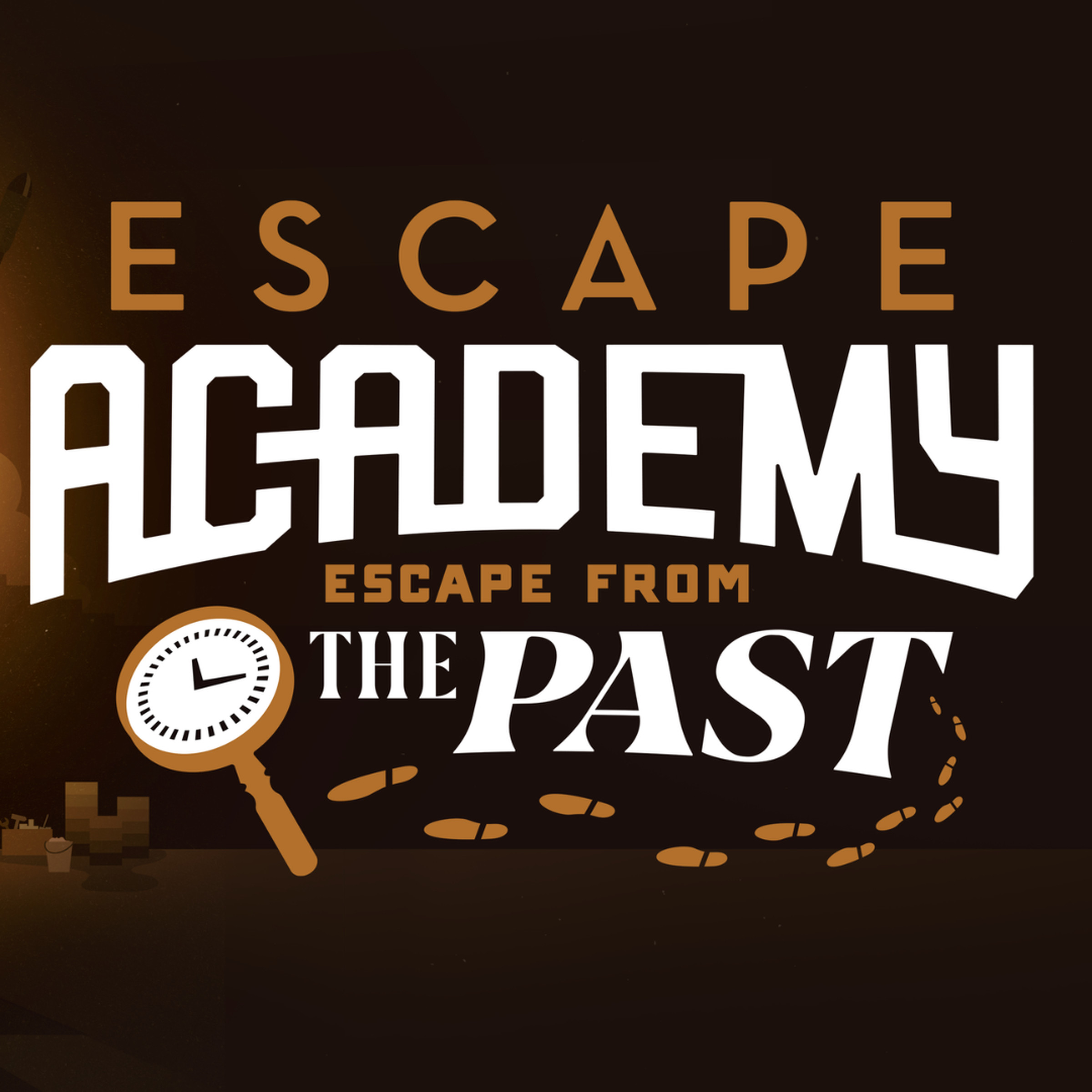 Key Art from Escape Academy featuring the text Escape Academy Escape From The Past DLC and two characters standing in the light of a castle doorway