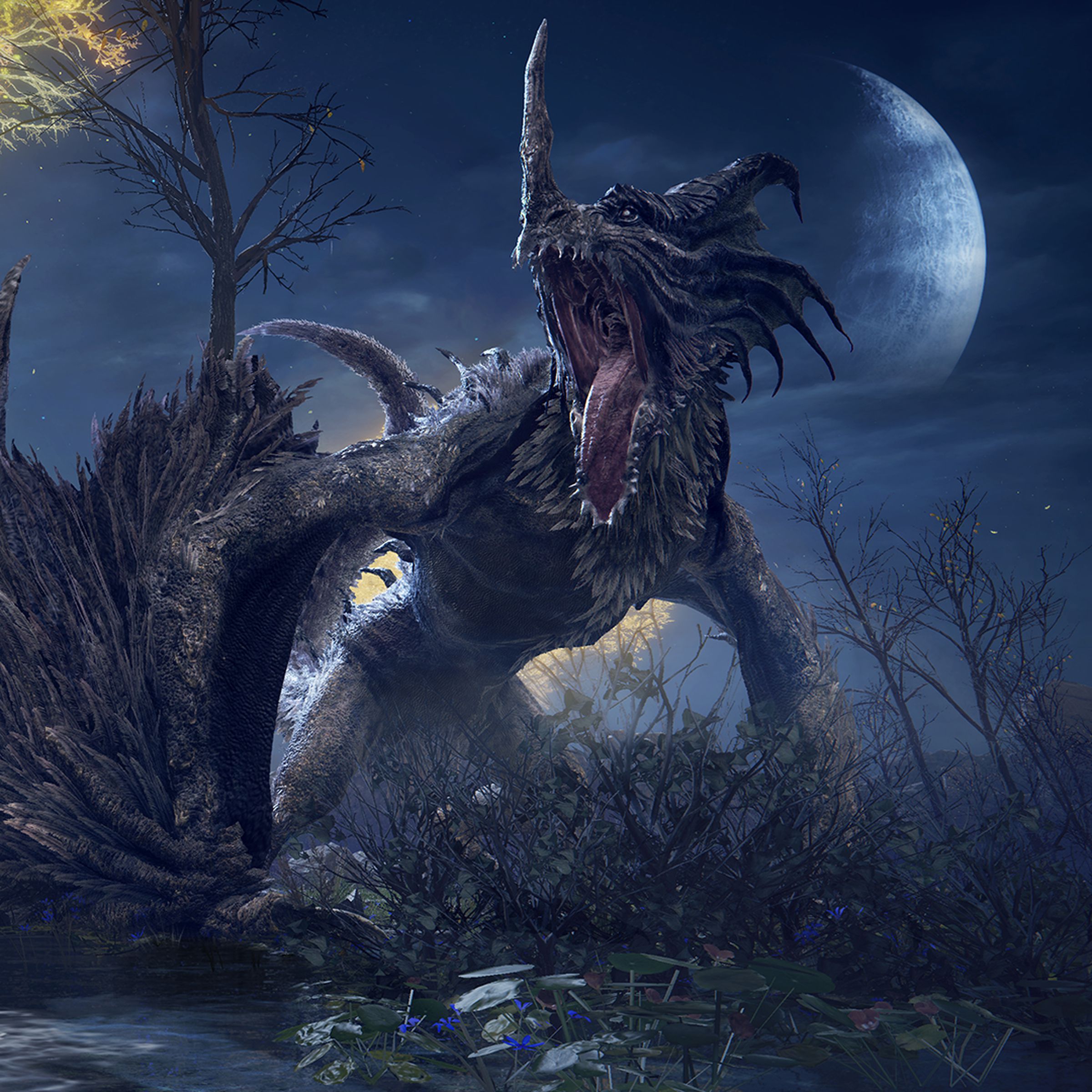 Screenshot pf a character fighting a beast from the Elden Ring game.