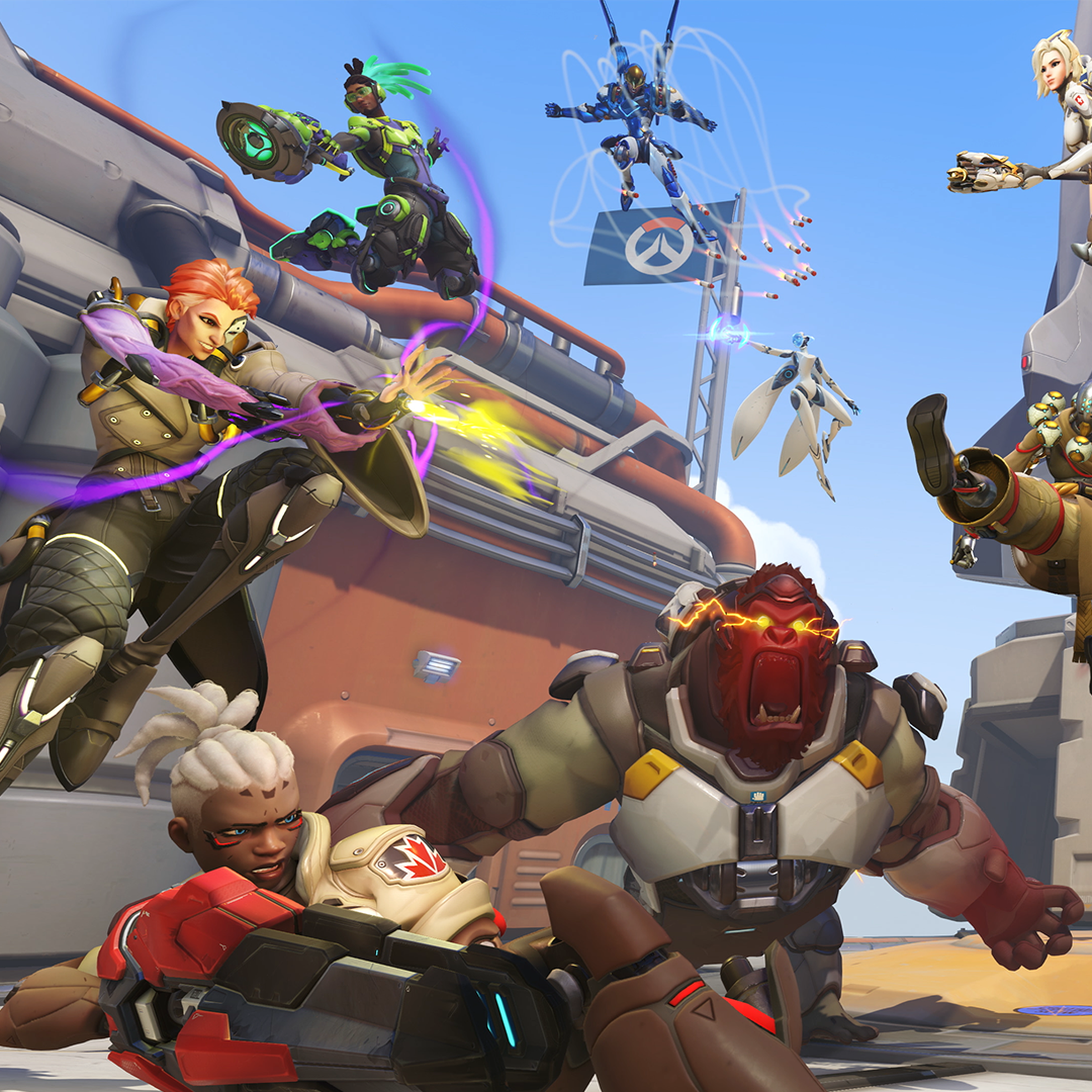Promotional graphic for Overwatch 2 featuring a screen full of the different heroes battling in two teams of five