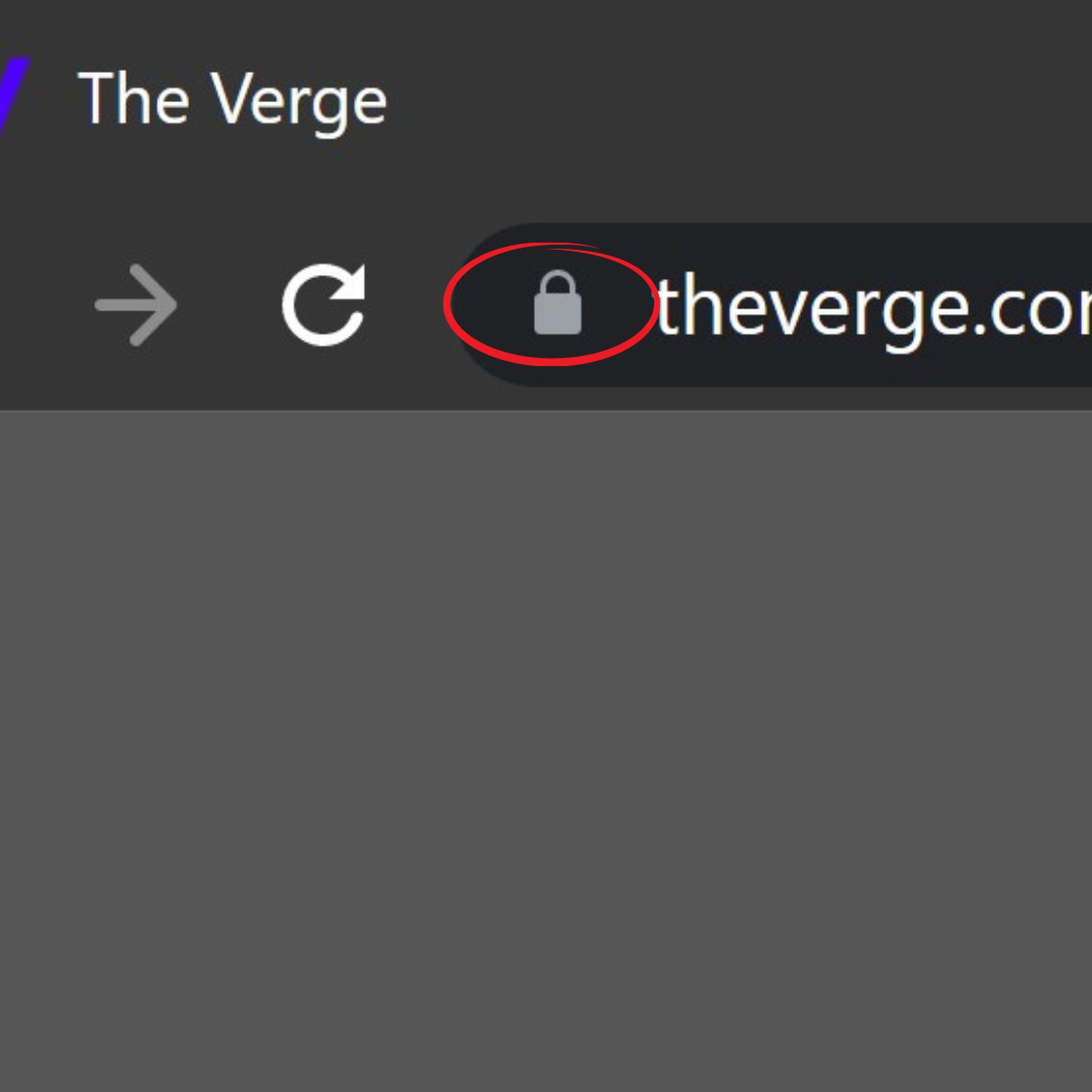 A screenshot of The Verge homepage on Chrome desktop. A red circle can be seen over the lock icon in the browser URL bar.