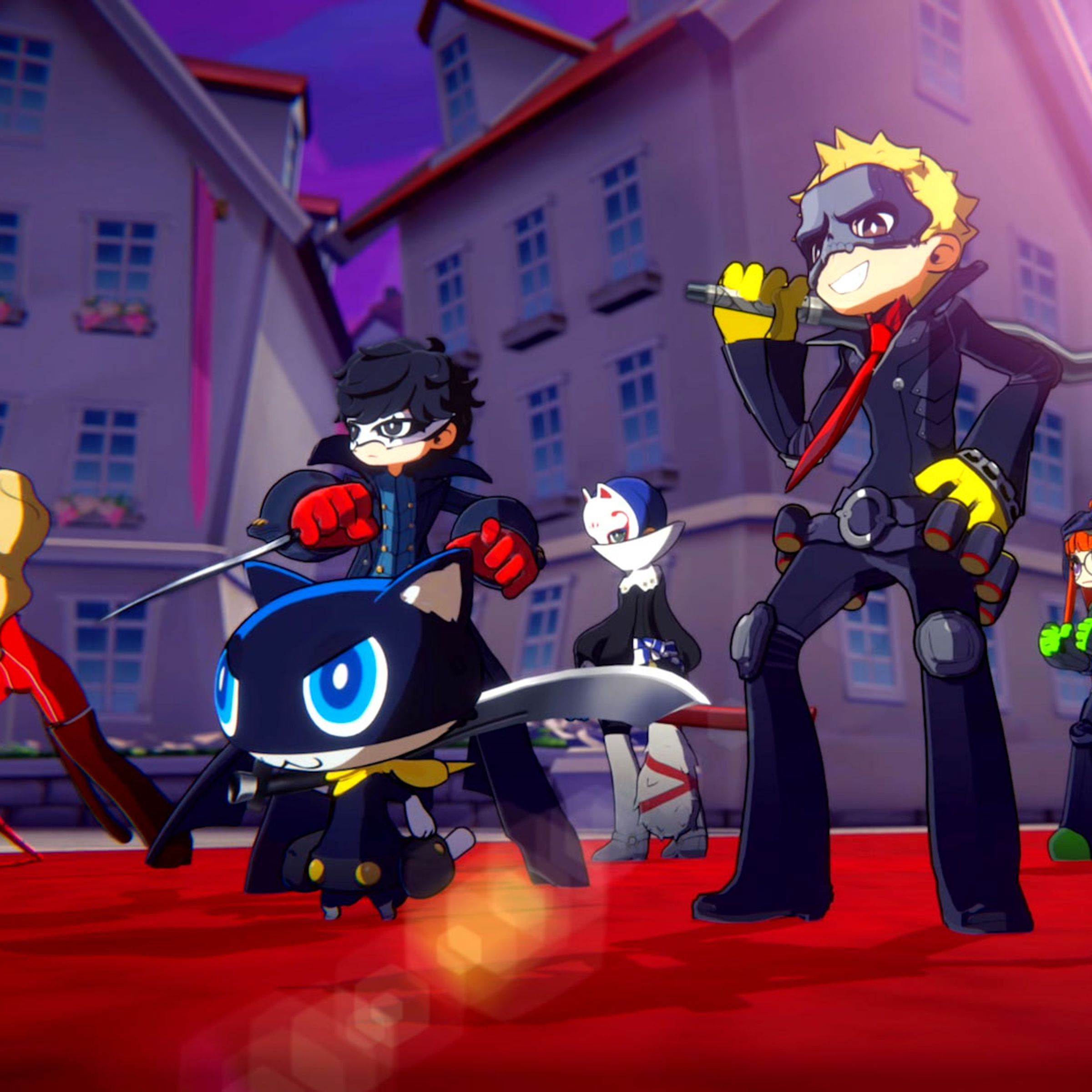 Screenshot from Persona 5 Tactica featuring the Phantom Thieves standing together on a red carpet
