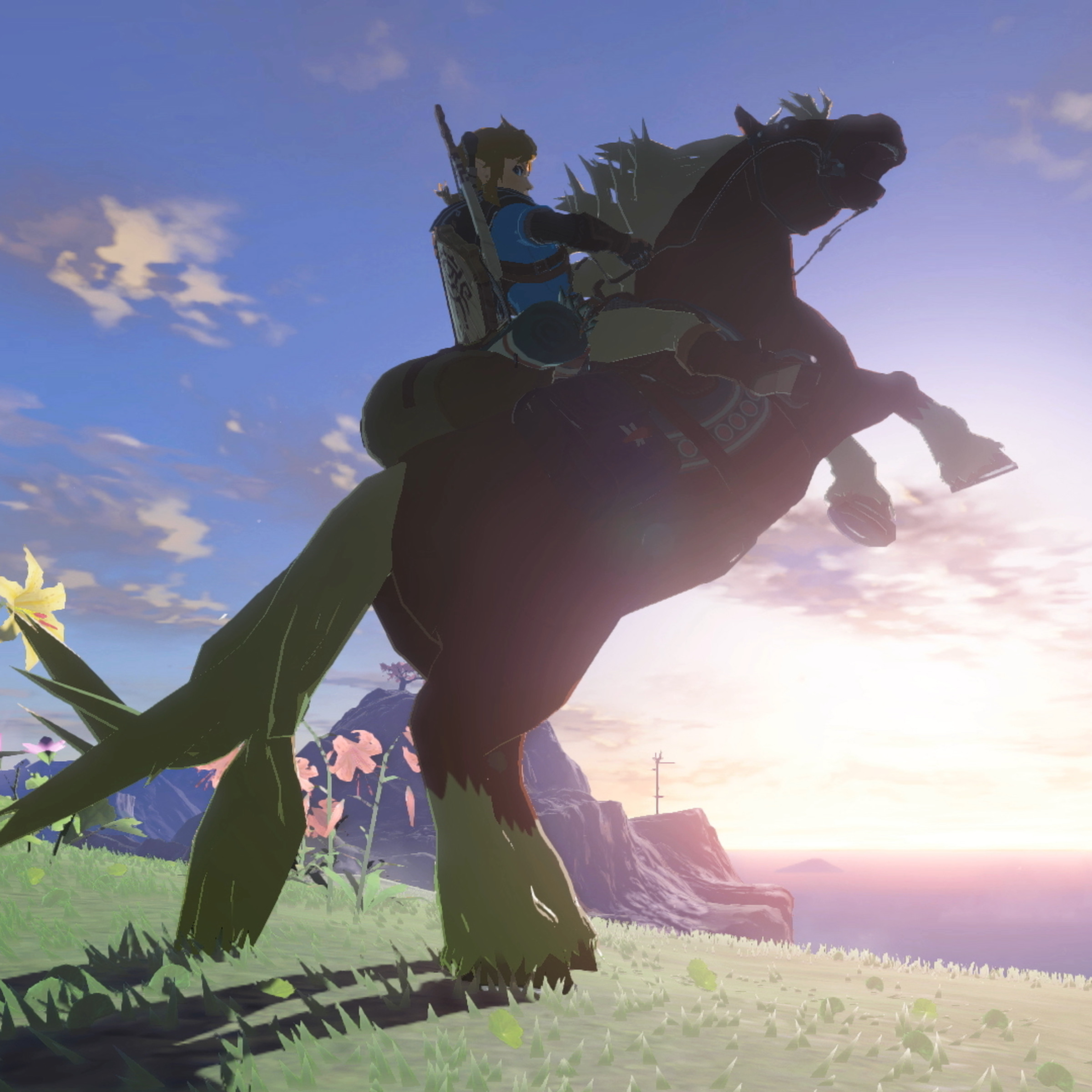 In a screenshot from The Legend of Zelda: Tears of the Kingdom, Link rides a horse in front of a sun-filled horizon.